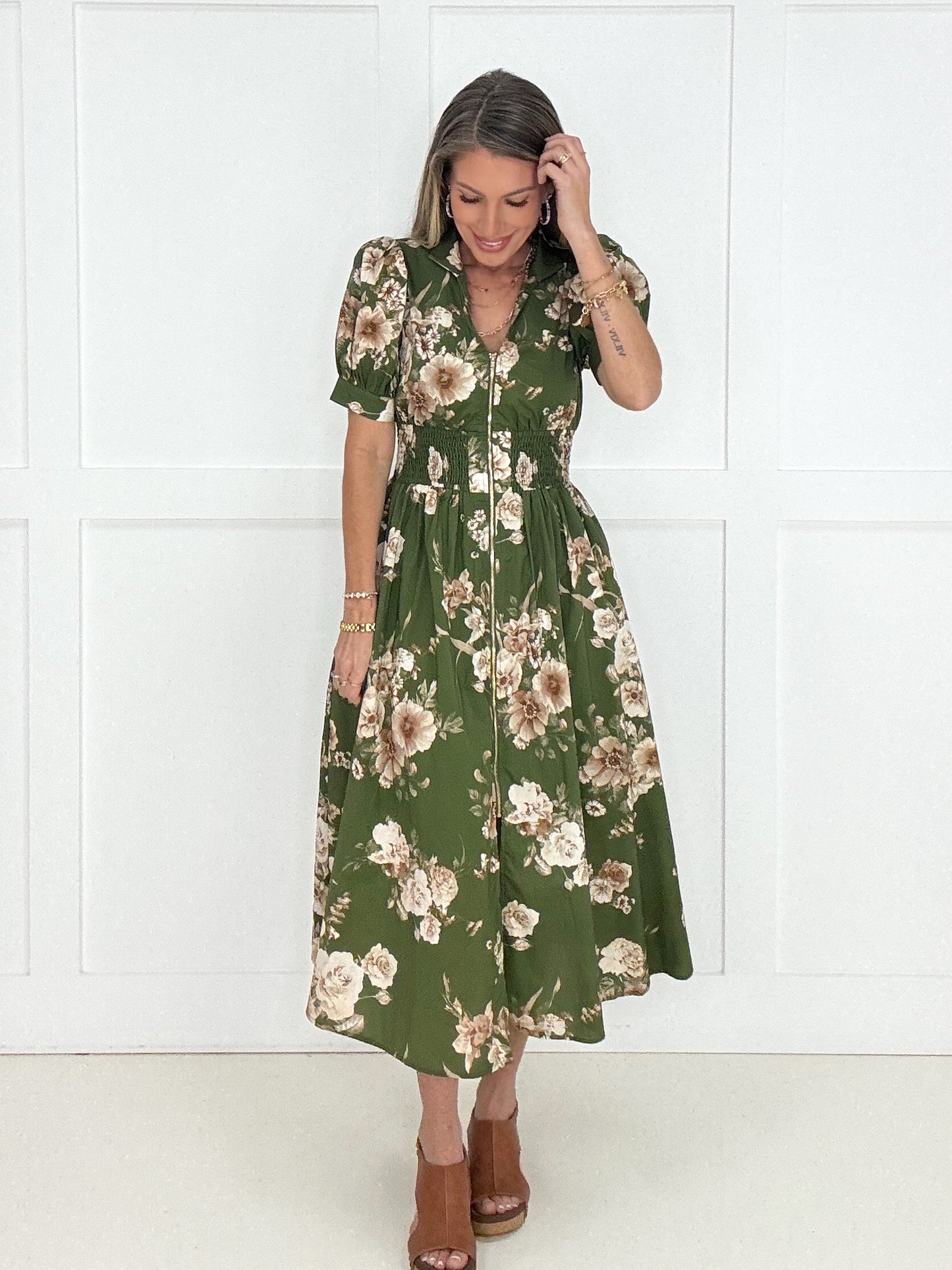Olive Floral Affair Zip-Front Midi Dress-240 Dresses- Simply Simpson's Boutique is a Women's Online Fashion Boutique Located in Jupiter, Florida