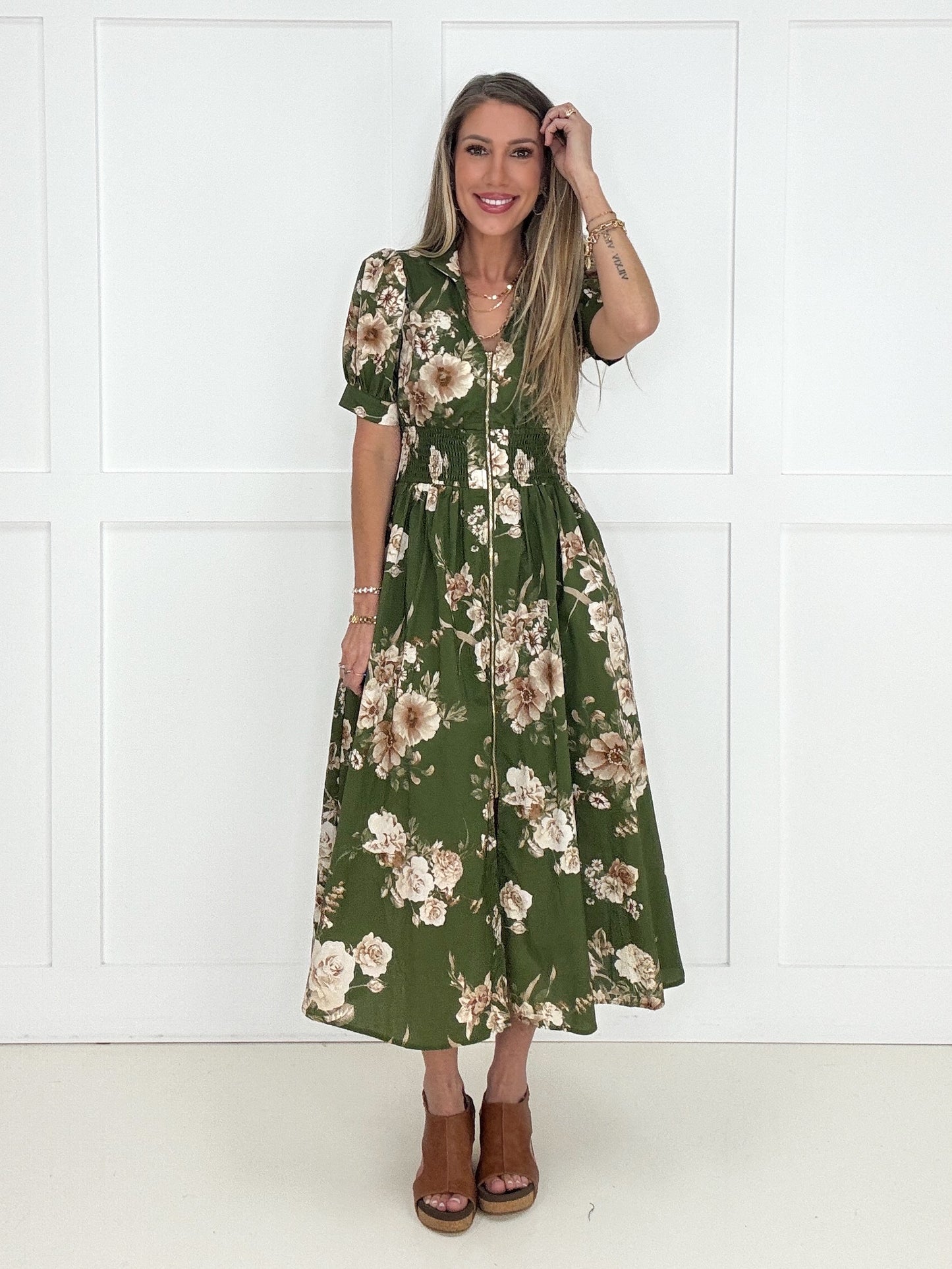 Olive Floral Affair Zip-Front Midi Dress-240 Dresses- Simply Simpson's Boutique is a Women's Online Fashion Boutique Located in Jupiter, Florida