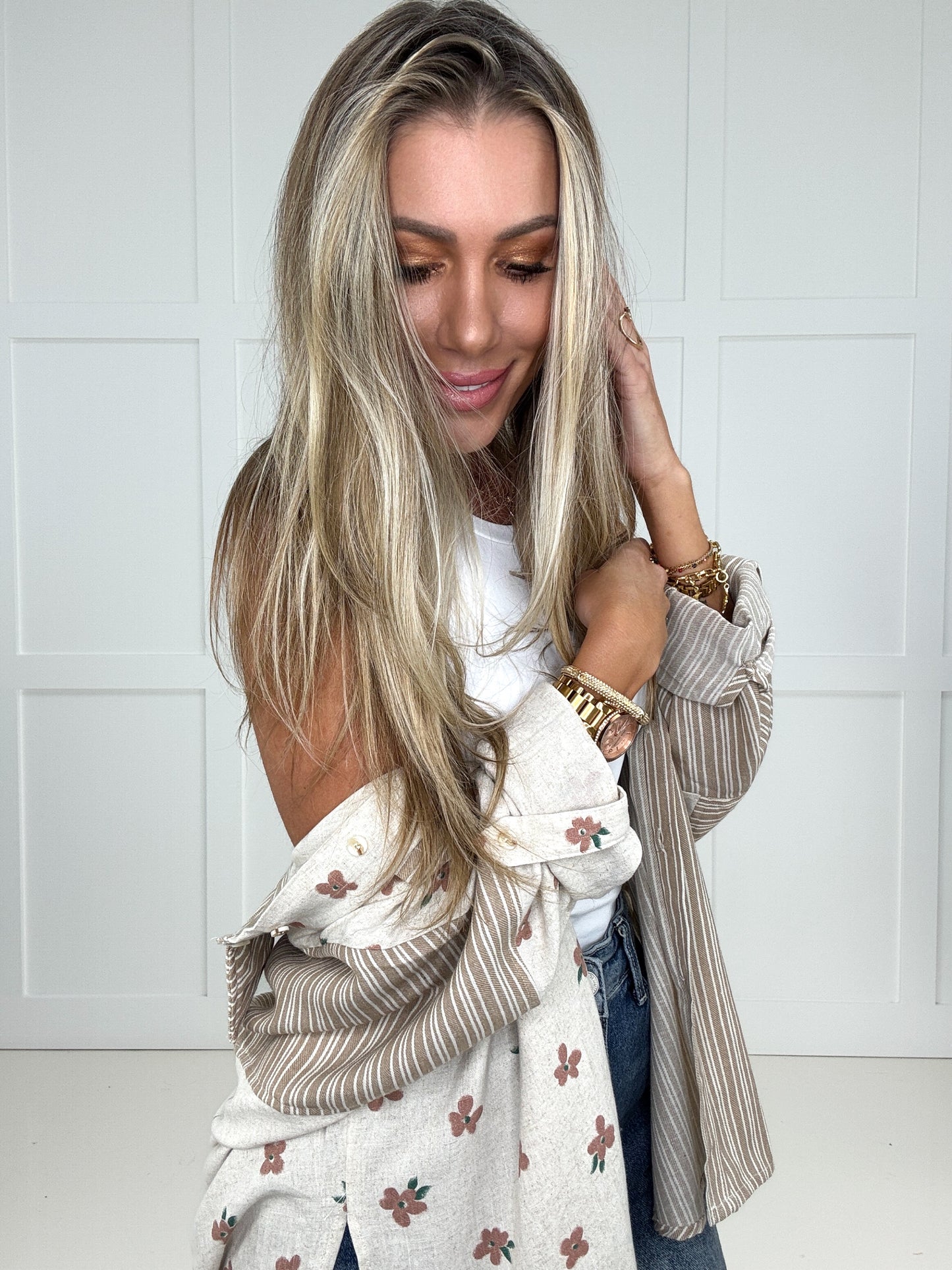 Floral Print And Stripes Button Down Top-110 Long Sleeves- Simply Simpson's Boutique is a Women's Online Fashion Boutique Located in Jupiter, Florida