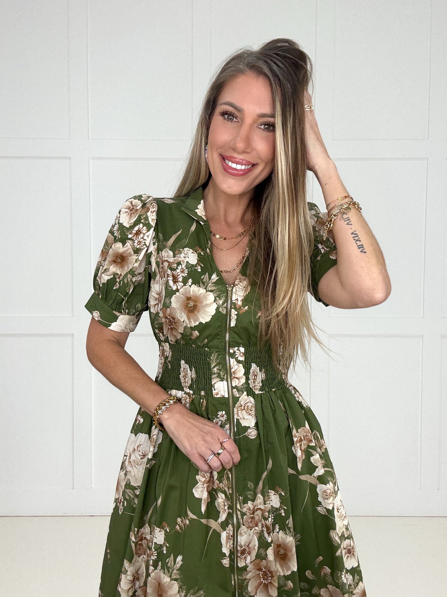 Olive Floral Affair Zip-Front Midi Dress-240 Dresses- Simply Simpson's Boutique is a Women's Online Fashion Boutique Located in Jupiter, Florida