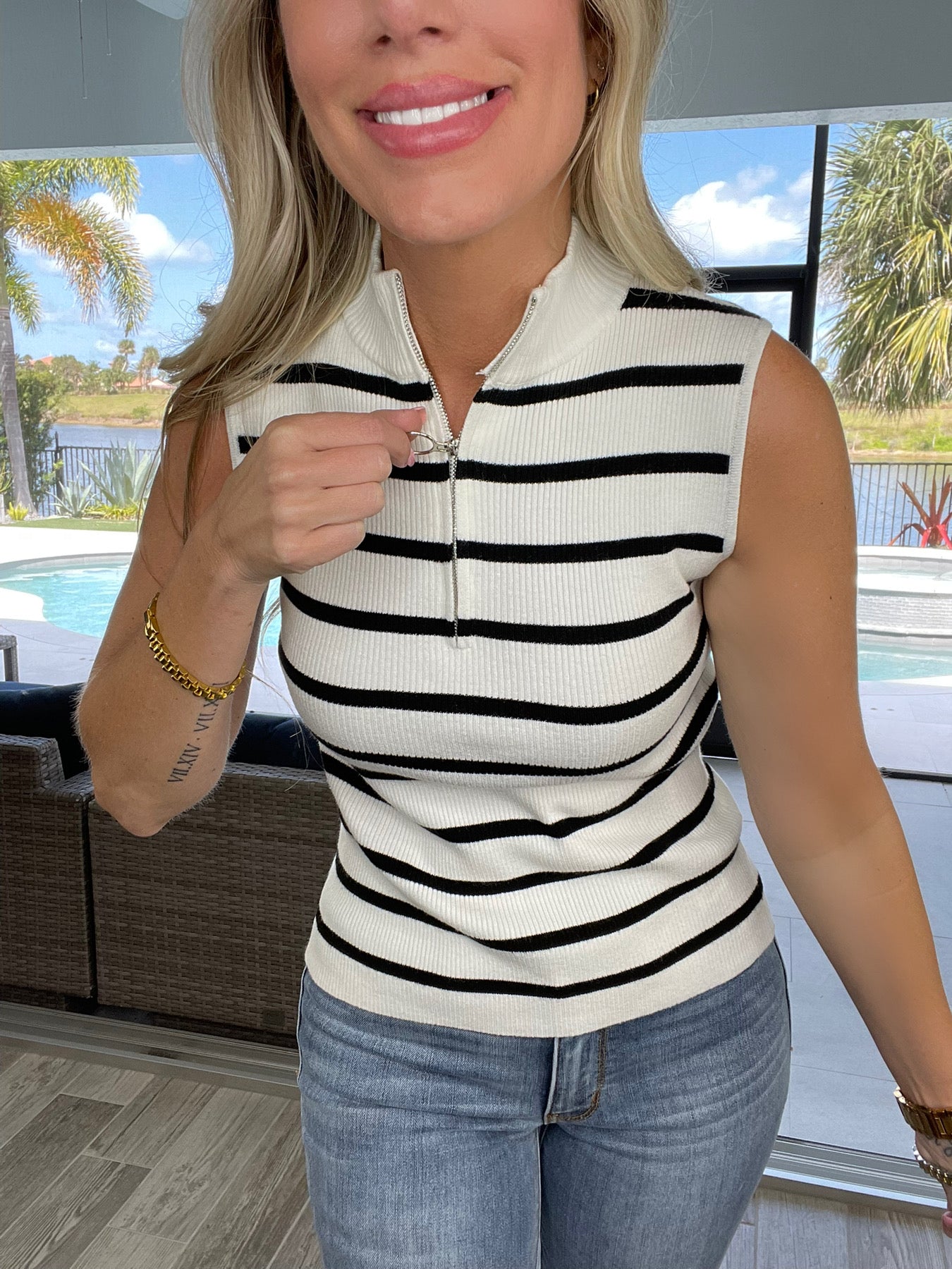 Palm Island Striped Sleeveless Zip Up Top-120 Sleeveless- Simply Simpson's Boutique is a Women's Online Fashion Boutique Located in Jupiter, Florida