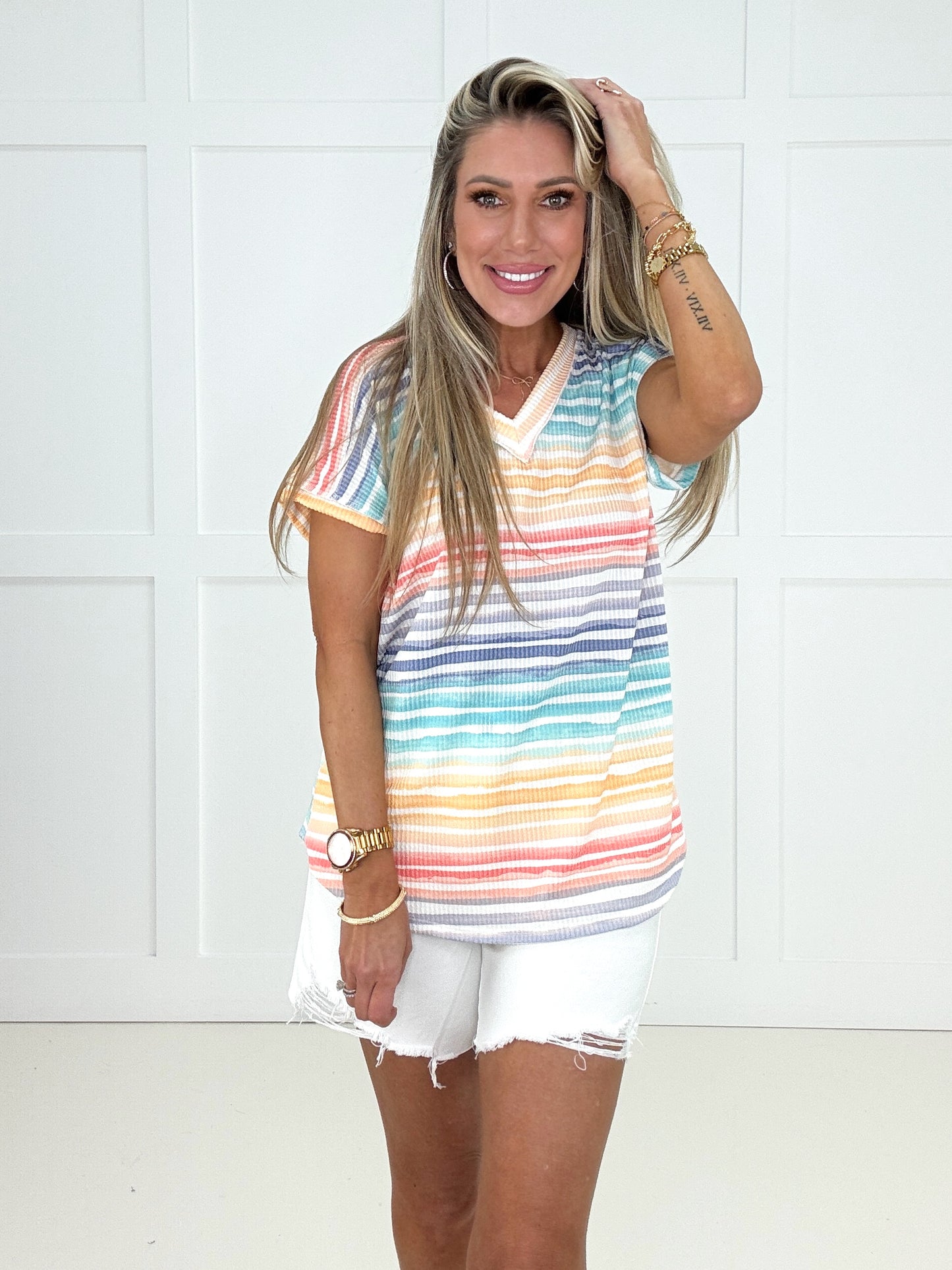 Preorder-Summer Stripes V Neck Top-100 Short Sleeves- Simply Simpson's Boutique is a Women's Online Fashion Boutique Located in Jupiter, Florida