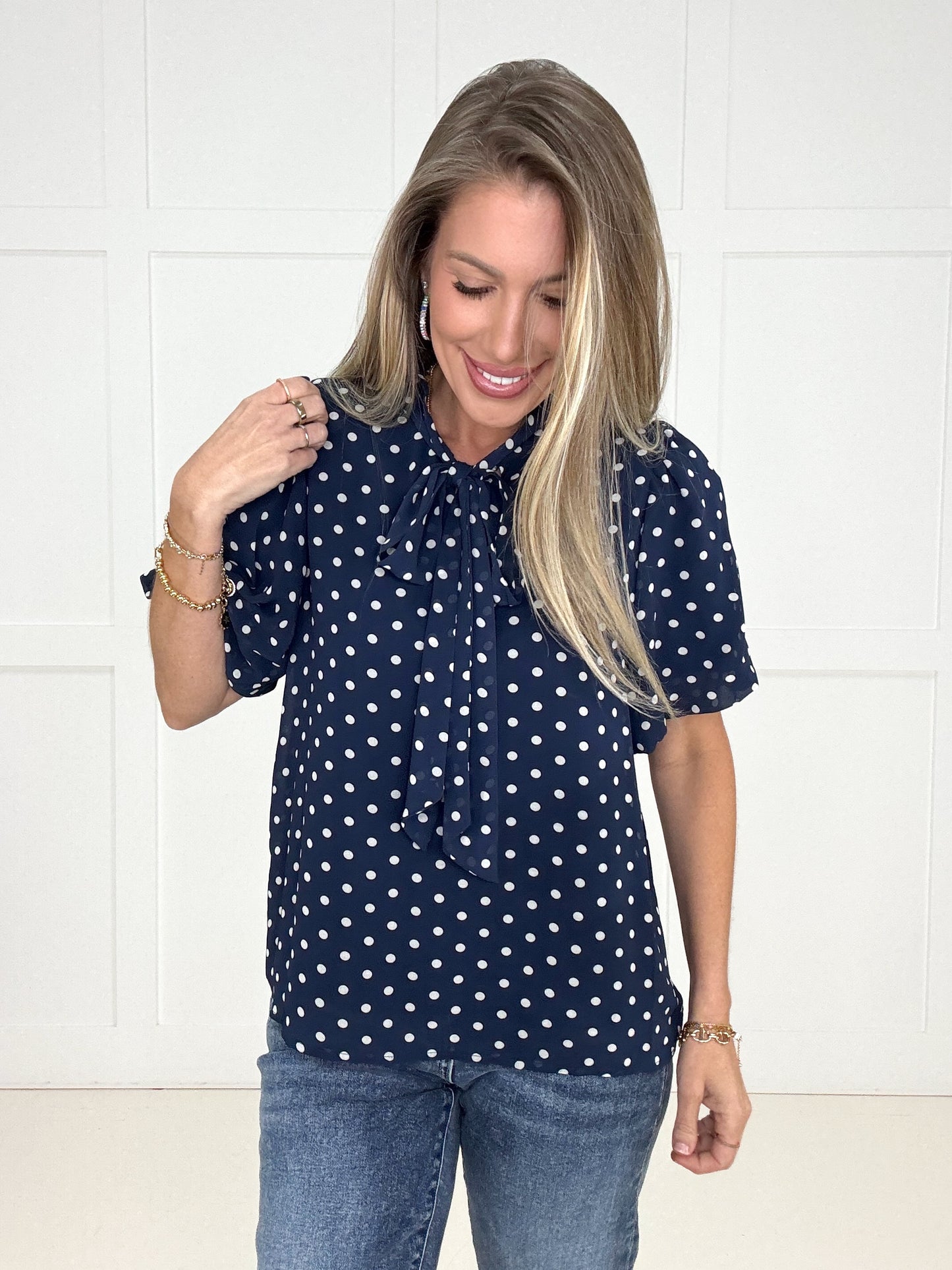 Navy Polka & Poise Blouse-100 Short Sleeves- Simply Simpson's Boutique is a Women's Online Fashion Boutique Located in Jupiter, Florida