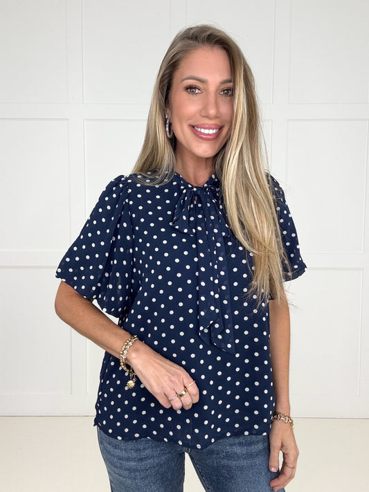 Navy Polka & Poise Blouse-100 Short Sleeves- Simply Simpson's Boutique is a Women's Online Fashion Boutique Located in Jupiter, Florida