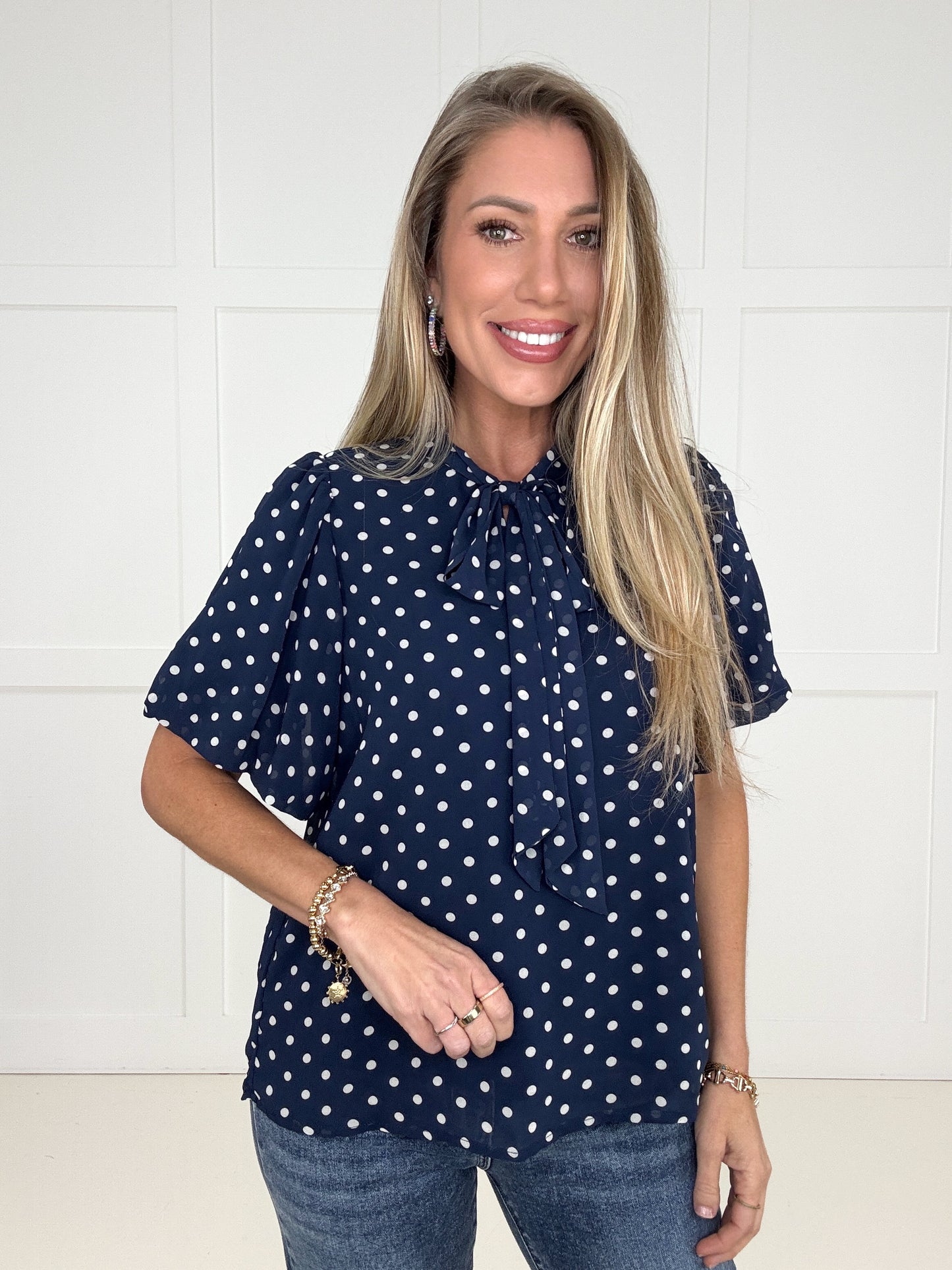 Navy Polka & Poise Blouse-100 Short Sleeves- Simply Simpson's Boutique is a Women's Online Fashion Boutique Located in Jupiter, Florida