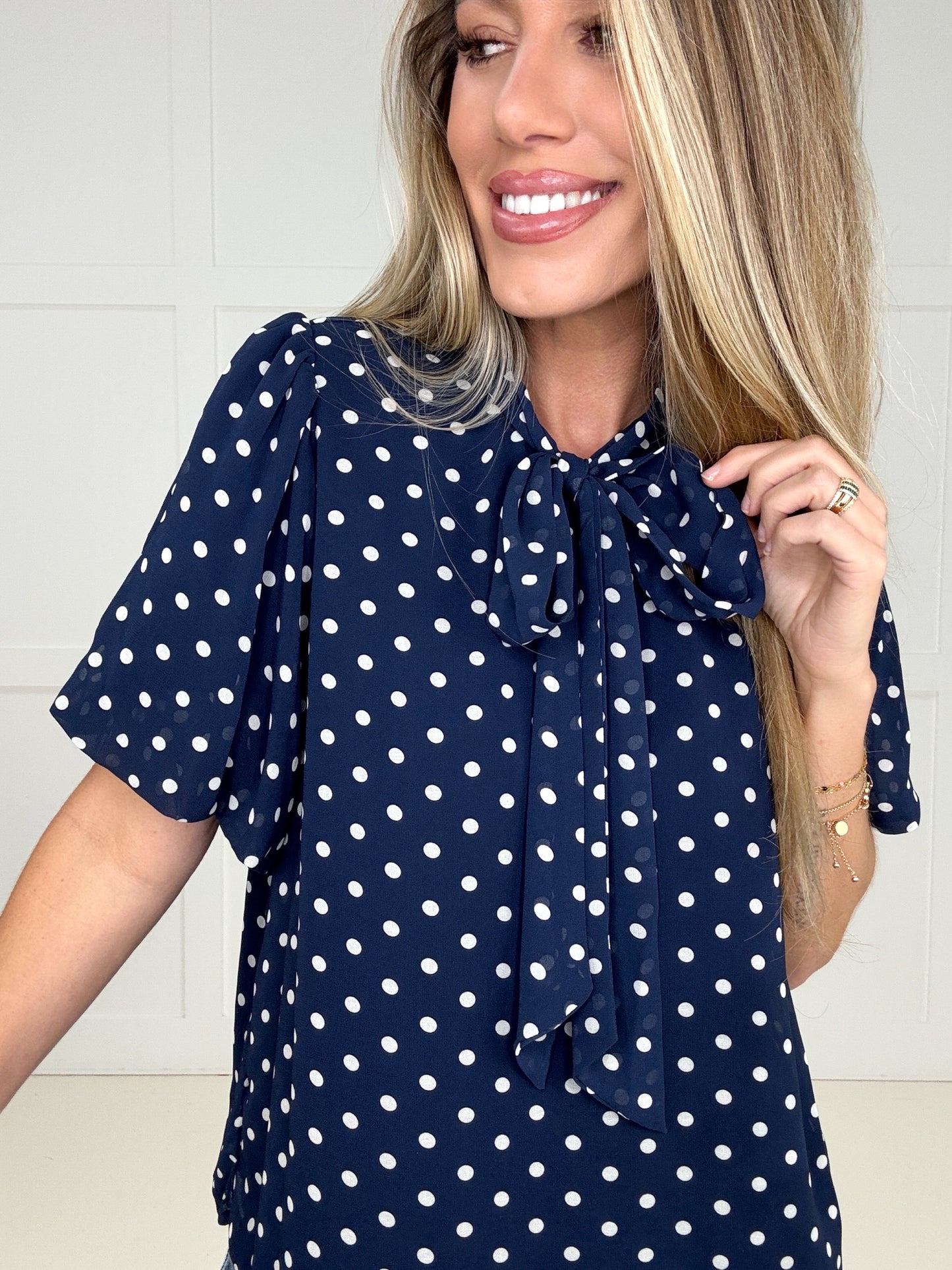 Navy Polka & Poise Blouse-100 Short Sleeves- Simply Simpson's Boutique is a Women's Online Fashion Boutique Located in Jupiter, Florida