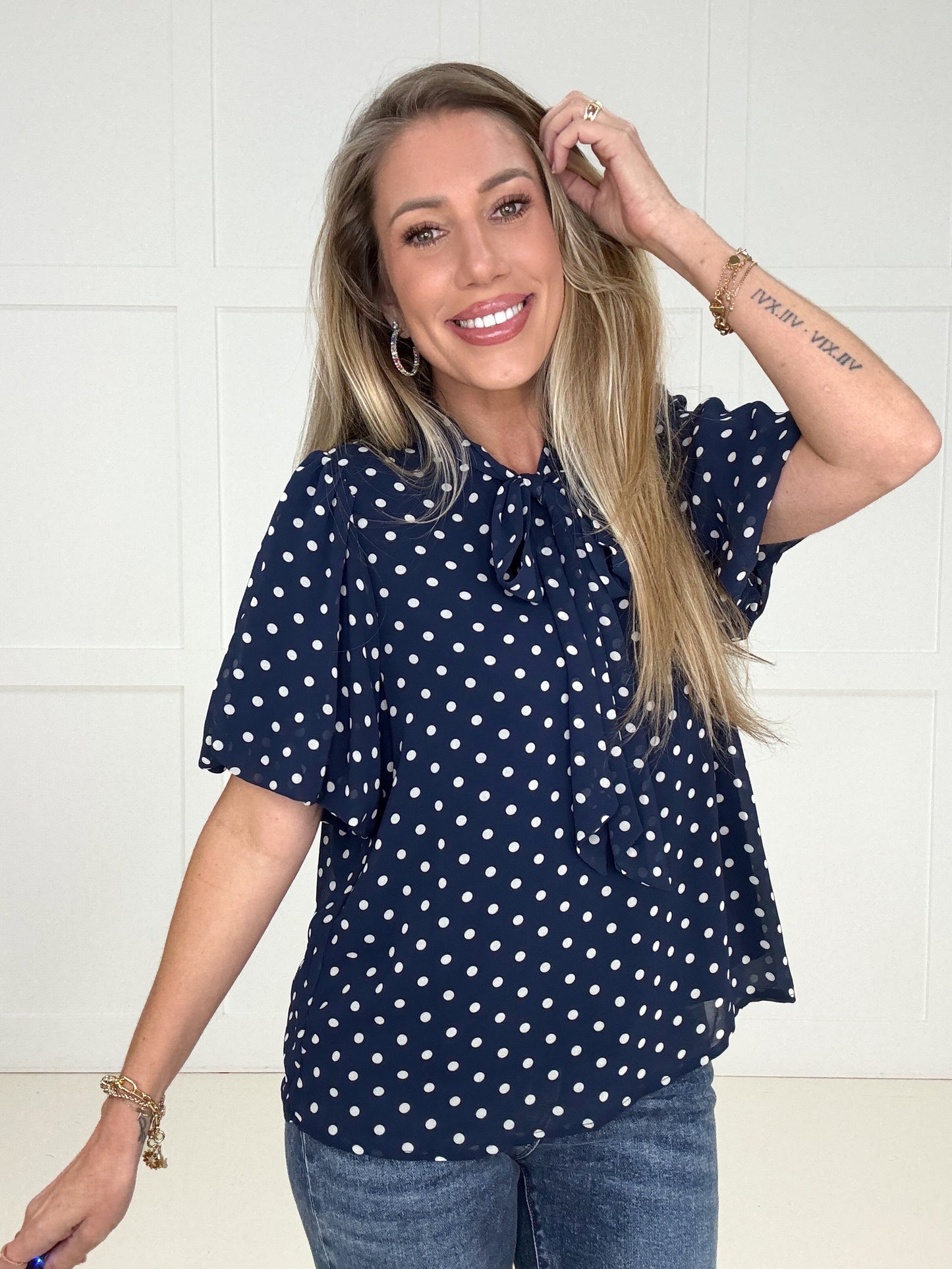 Navy Polka & Poise Blouse-100 Short Sleeves- Simply Simpson's Boutique is a Women's Online Fashion Boutique Located in Jupiter, Florida