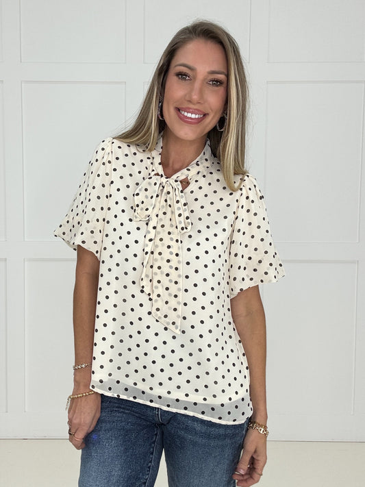 Cream Polka & Poise Blouse-100 Short Sleeves- Simply Simpson's Boutique is a Women's Online Fashion Boutique Located in Jupiter, Florida