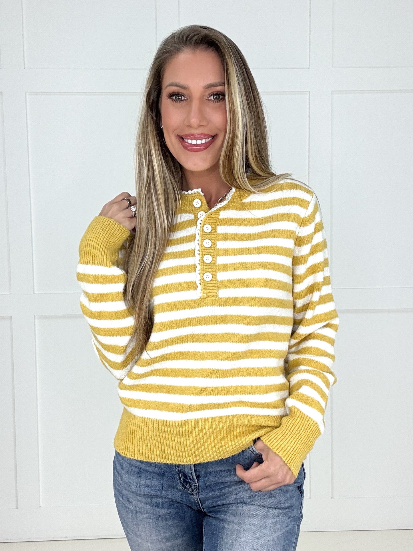 Sunshine Lace and Lines Sweater-150 Sweaters- Simply Simpson's Boutique is a Women's Online Fashion Boutique Located in Jupiter, Florida