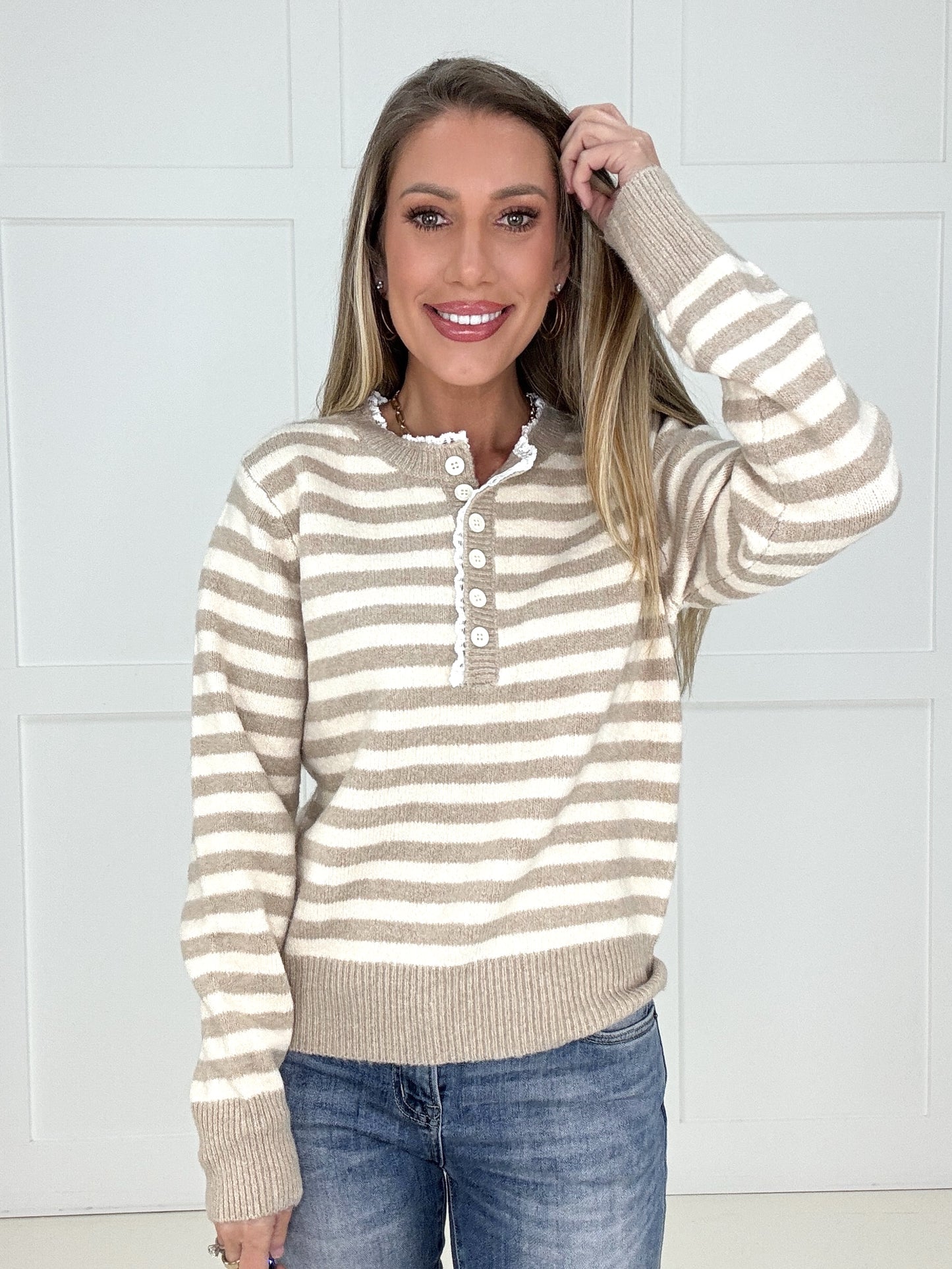 Taupe Lace and Lines Sweater-150 Sweaters- Simply Simpson's Boutique is a Women's Online Fashion Boutique Located in Jupiter, Florida