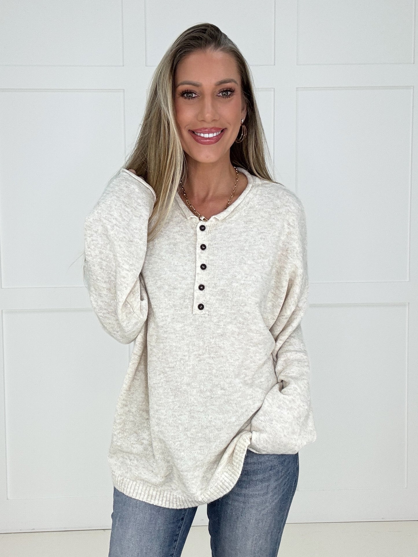 Oatmeal Sutton Henley Sweater-110 Long Sleeves- Simply Simpson's Boutique is a Women's Online Fashion Boutique Located in Jupiter, Florida