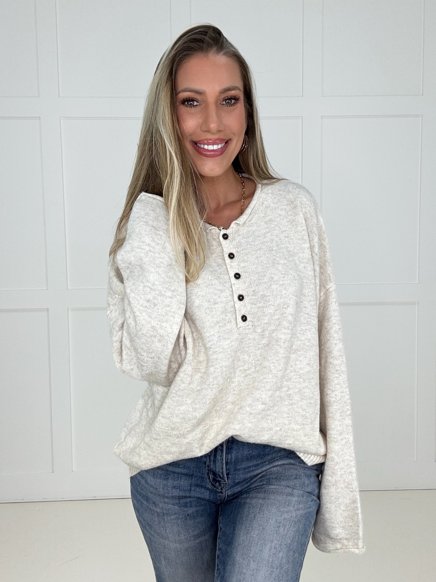 Oatmeal Sutton Henley Sweater-110 Long Sleeves- Simply Simpson's Boutique is a Women's Online Fashion Boutique Located in Jupiter, Florida