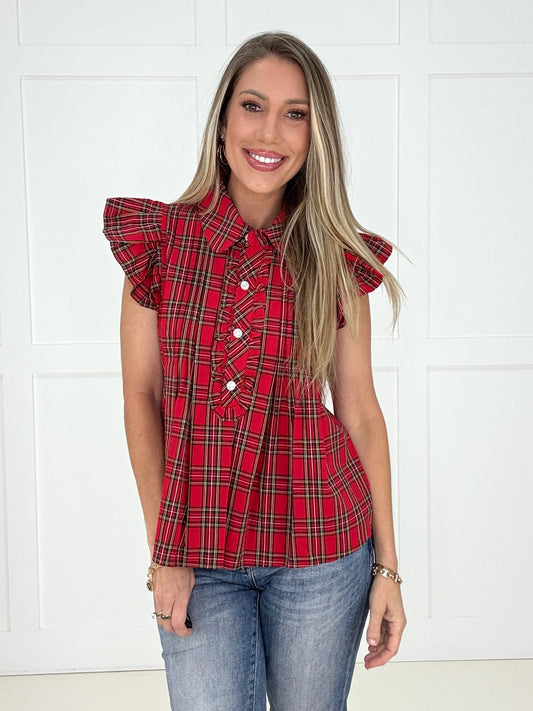 Red Festive Flair Plaid Top-100 Short Sleeves- Simply Simpson's Boutique is a Women's Online Fashion Boutique Located in Jupiter, Florida