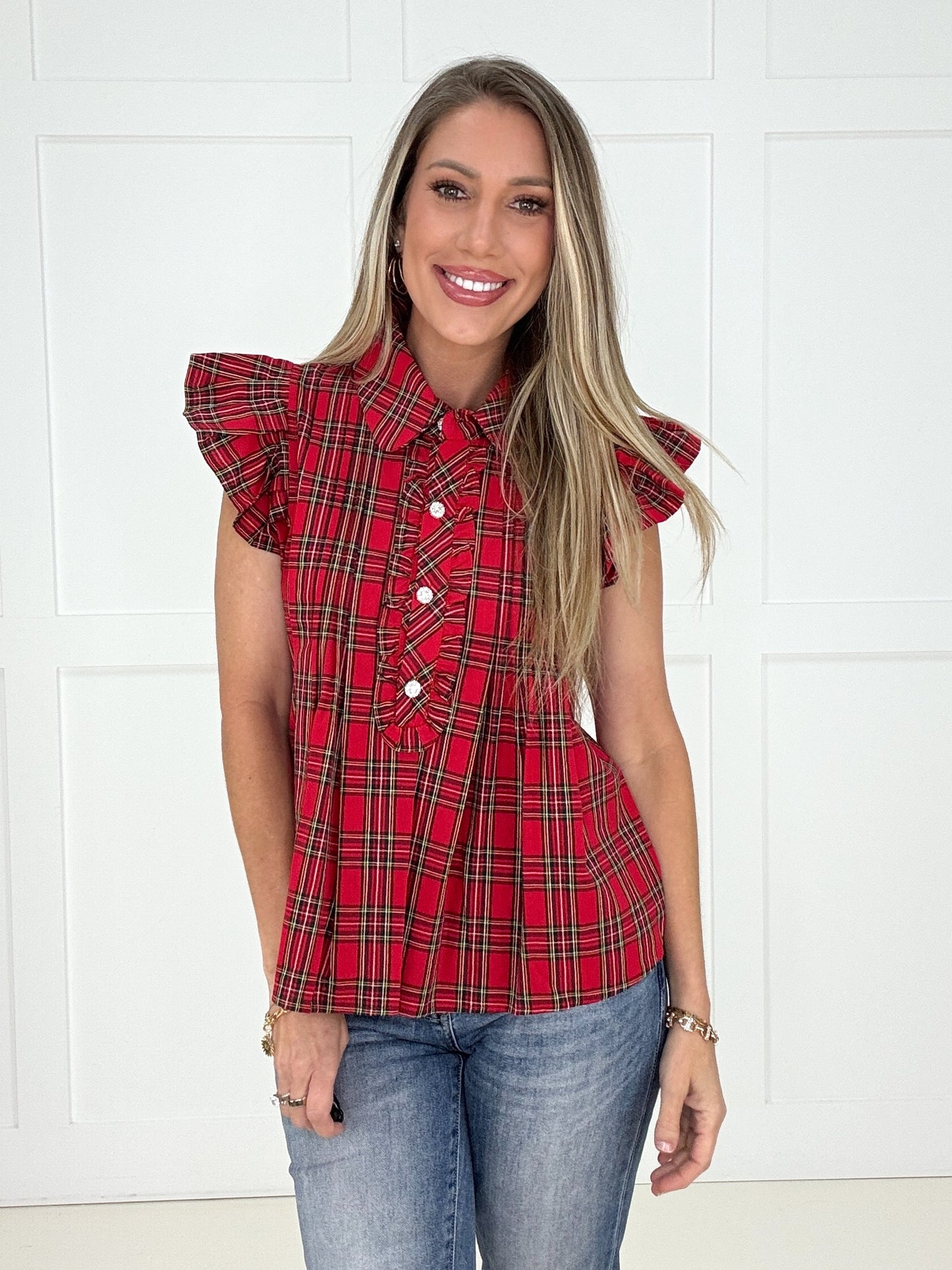 Red Festive Flair Plaid Top-100 Short Sleeves- Simply Simpson's Boutique is a Women's Online Fashion Boutique Located in Jupiter, Florida