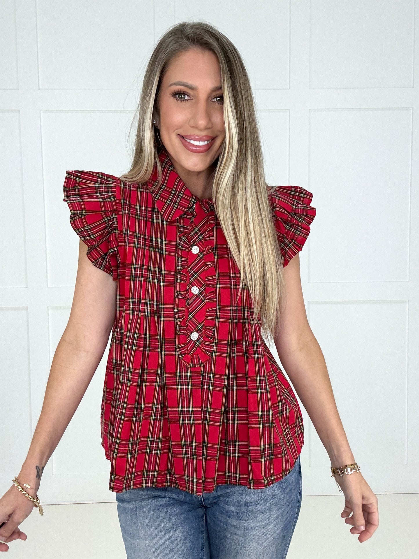 Red Festive Flair Plaid Top-100 Short Sleeves- Simply Simpson's Boutique is a Women's Online Fashion Boutique Located in Jupiter, Florida