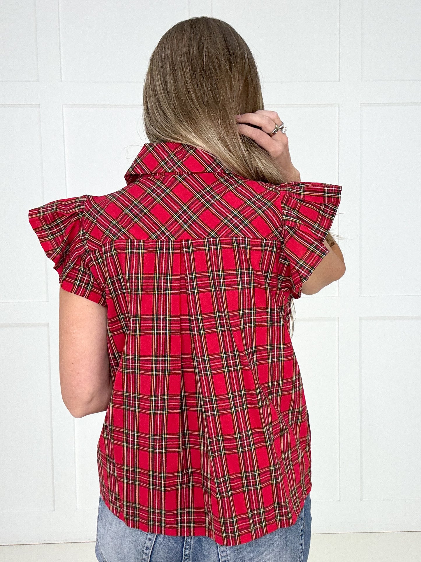 Red Festive Flair Plaid Top-100 Short Sleeves- Simply Simpson's Boutique is a Women's Online Fashion Boutique Located in Jupiter, Florida