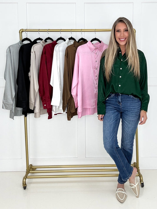 Luxe Satin Button Down Blouse-110 Long Sleeves- Simply Simpson's Boutique is a Women's Online Fashion Boutique Located in Jupiter, Florida