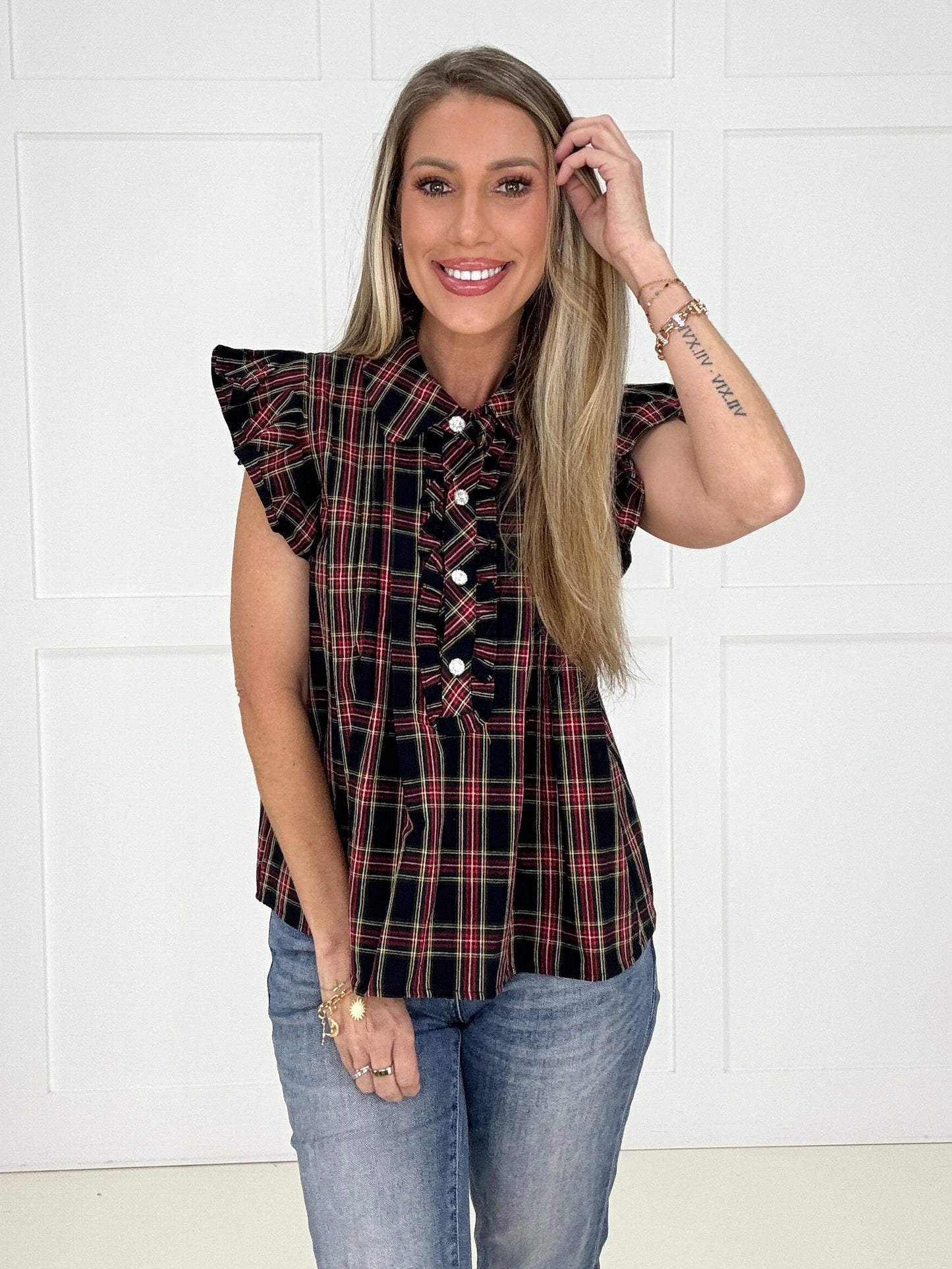Black Festive Flair Plaid Top-100 Short Sleeves- Simply Simpson's Boutique is a Women's Online Fashion Boutique Located in Jupiter, Florida