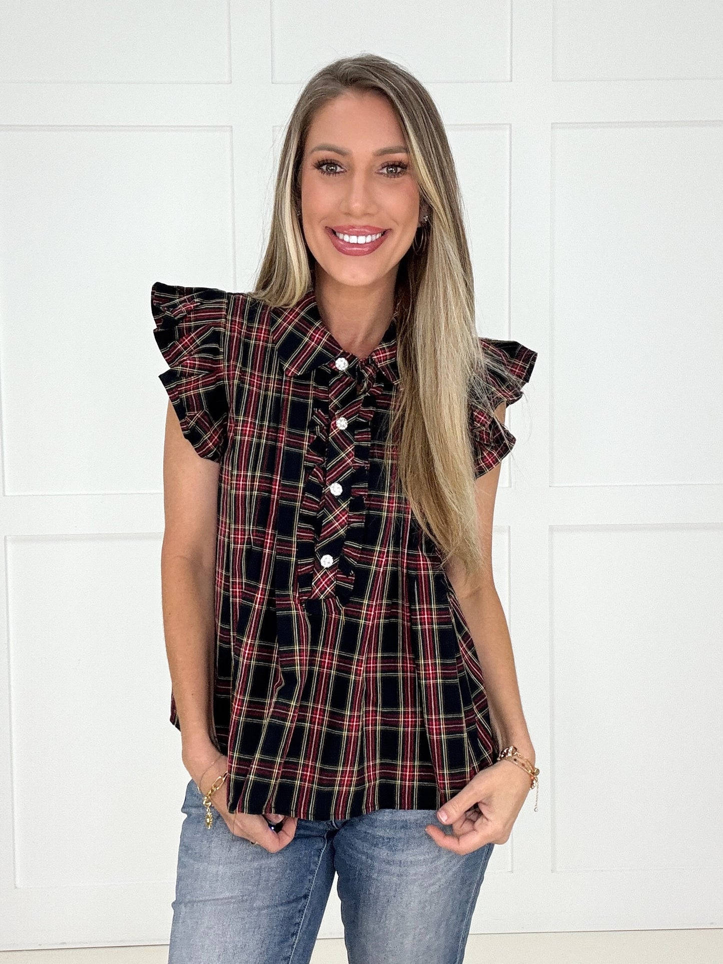 Black Festive Flair Plaid Top-100 Short Sleeves- Simply Simpson's Boutique is a Women's Online Fashion Boutique Located in Jupiter, Florida