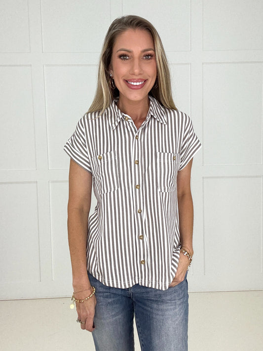 Mocha Easygoing Stripe Button Down-100 Short Sleeves- Simply Simpson's Boutique is a Women's Online Fashion Boutique Located in Jupiter, Florida
