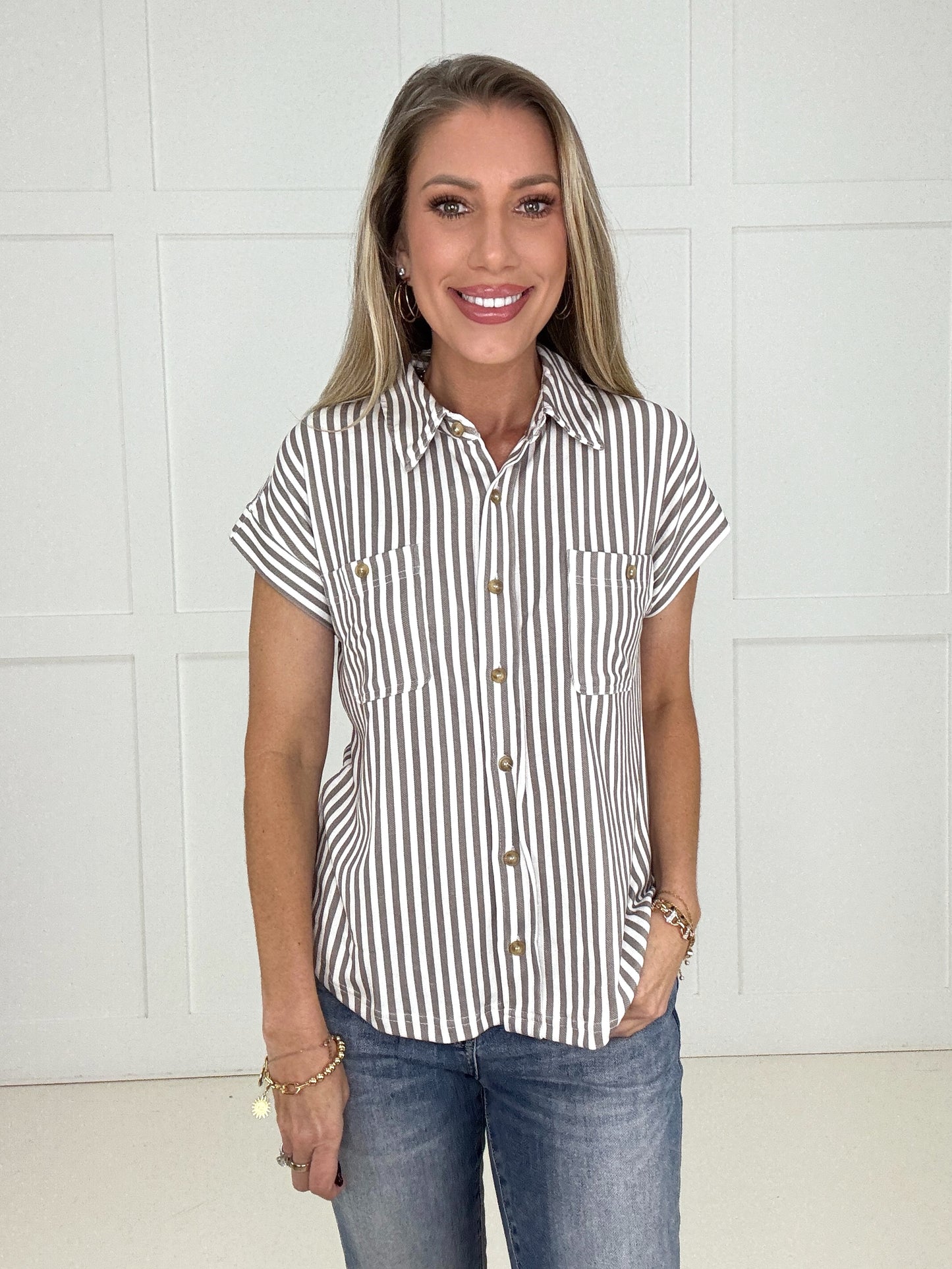 Mocha Easygoing Stripe Button Down-100 Short Sleeves- Simply Simpson's Boutique is a Women's Online Fashion Boutique Located in Jupiter, Florida