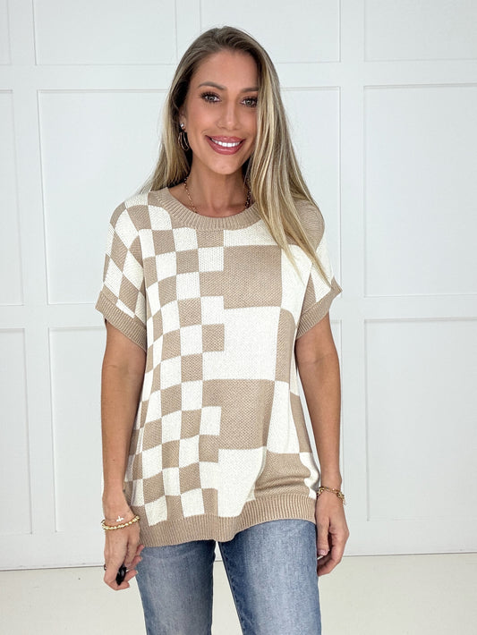Taupe Checkmate Knit Top-100 Short Sleeves- Simply Simpson's Boutique is a Women's Online Fashion Boutique Located in Jupiter, Florida