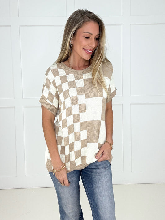 Taupe Checkmate Knit Top-100 Short Sleeves- Simply Simpson's Boutique is a Women's Online Fashion Boutique Located in Jupiter, Florida