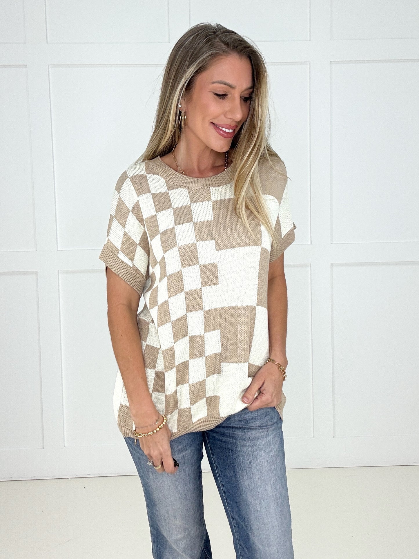 Taupe Checkmate Knit Top-100 Short Sleeves- Simply Simpson's Boutique is a Women's Online Fashion Boutique Located in Jupiter, Florida