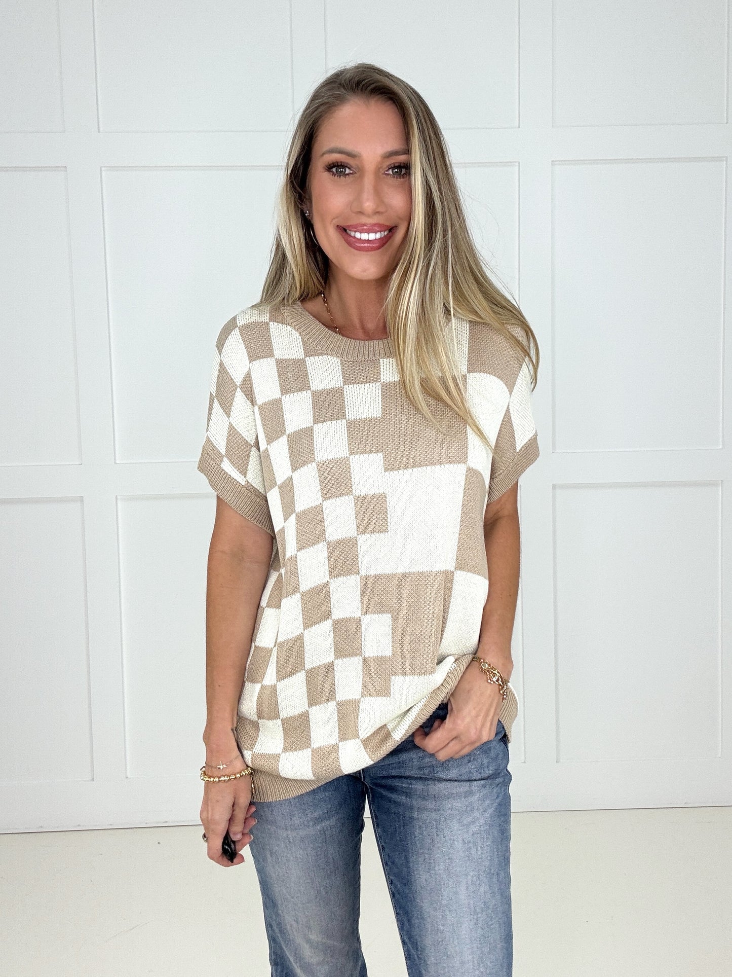 Taupe Checkmate Knit Top-100 Short Sleeves- Simply Simpson's Boutique is a Women's Online Fashion Boutique Located in Jupiter, Florida