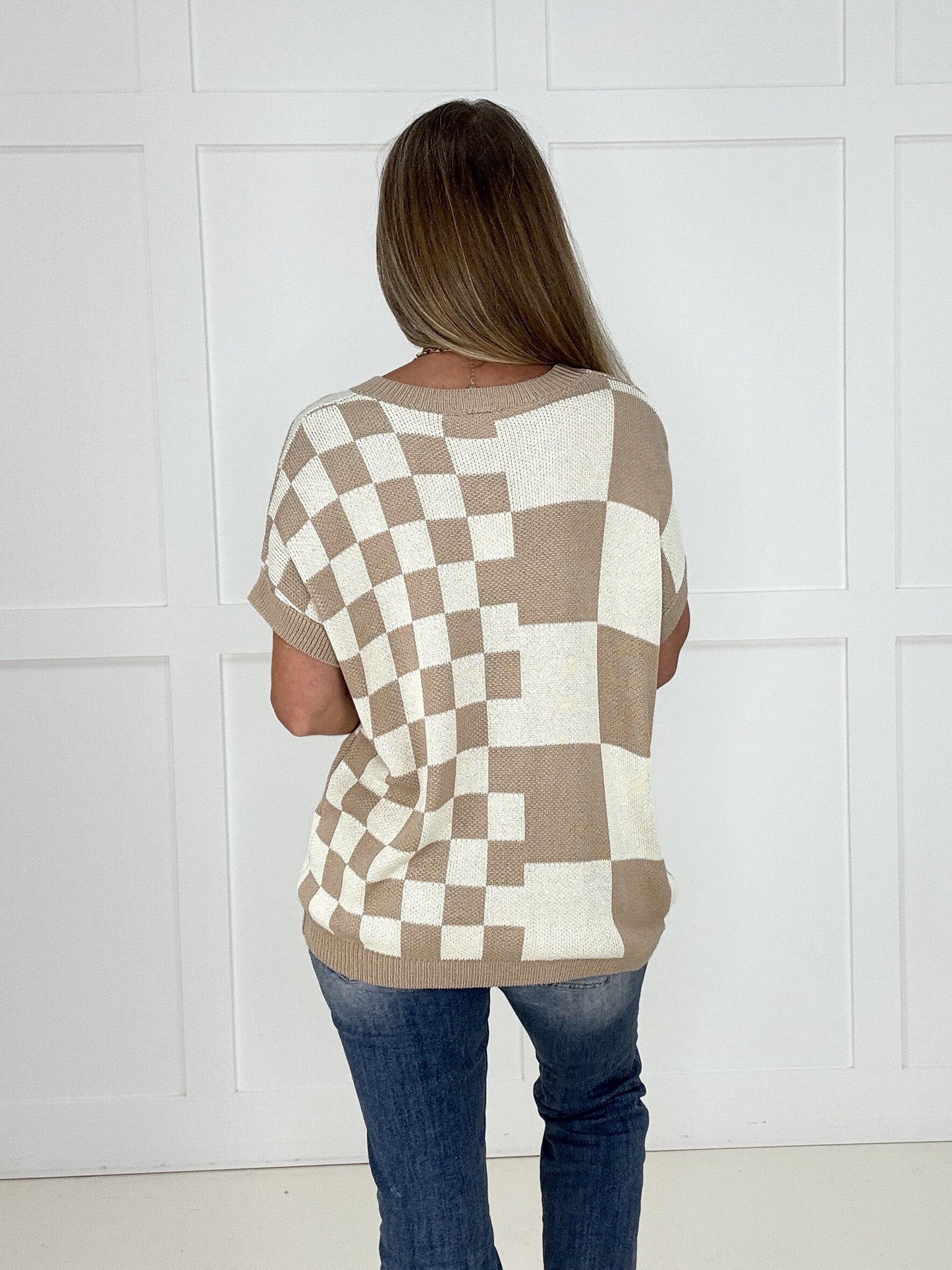 Taupe Checkmate Knit Top-100 Short Sleeves- Simply Simpson's Boutique is a Women's Online Fashion Boutique Located in Jupiter, Florida