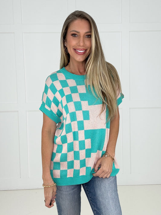 Aqua Checkmate Knit Top-100 Short Sleeves- Simply Simpson's Boutique is a Women's Online Fashion Boutique Located in Jupiter, Florida