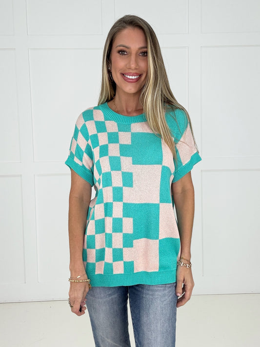 Aqua Checkmate Knit Top-100 Short Sleeves- Simply Simpson's Boutique is a Women's Online Fashion Boutique Located in Jupiter, Florida
