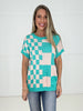 Aqua Checkmate Knit Top-100 Short Sleeves- Simply Simpson's Boutique is a Women's Online Fashion Boutique Located in Jupiter, Florida