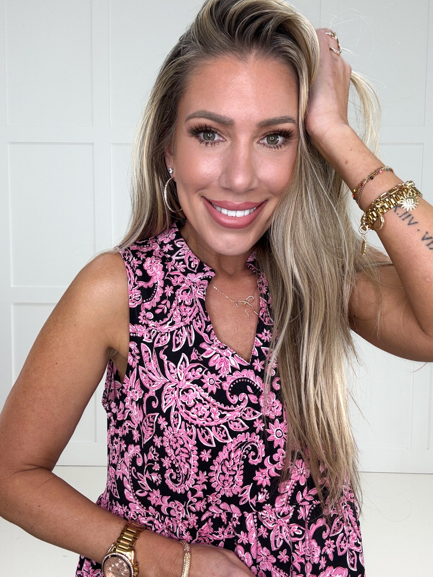 Dear Scarlett Black & Pink Paisley Tiered Dress-240 Dresses- Simply Simpson's Boutique is a Women's Online Fashion Boutique Located in Jupiter, Florida