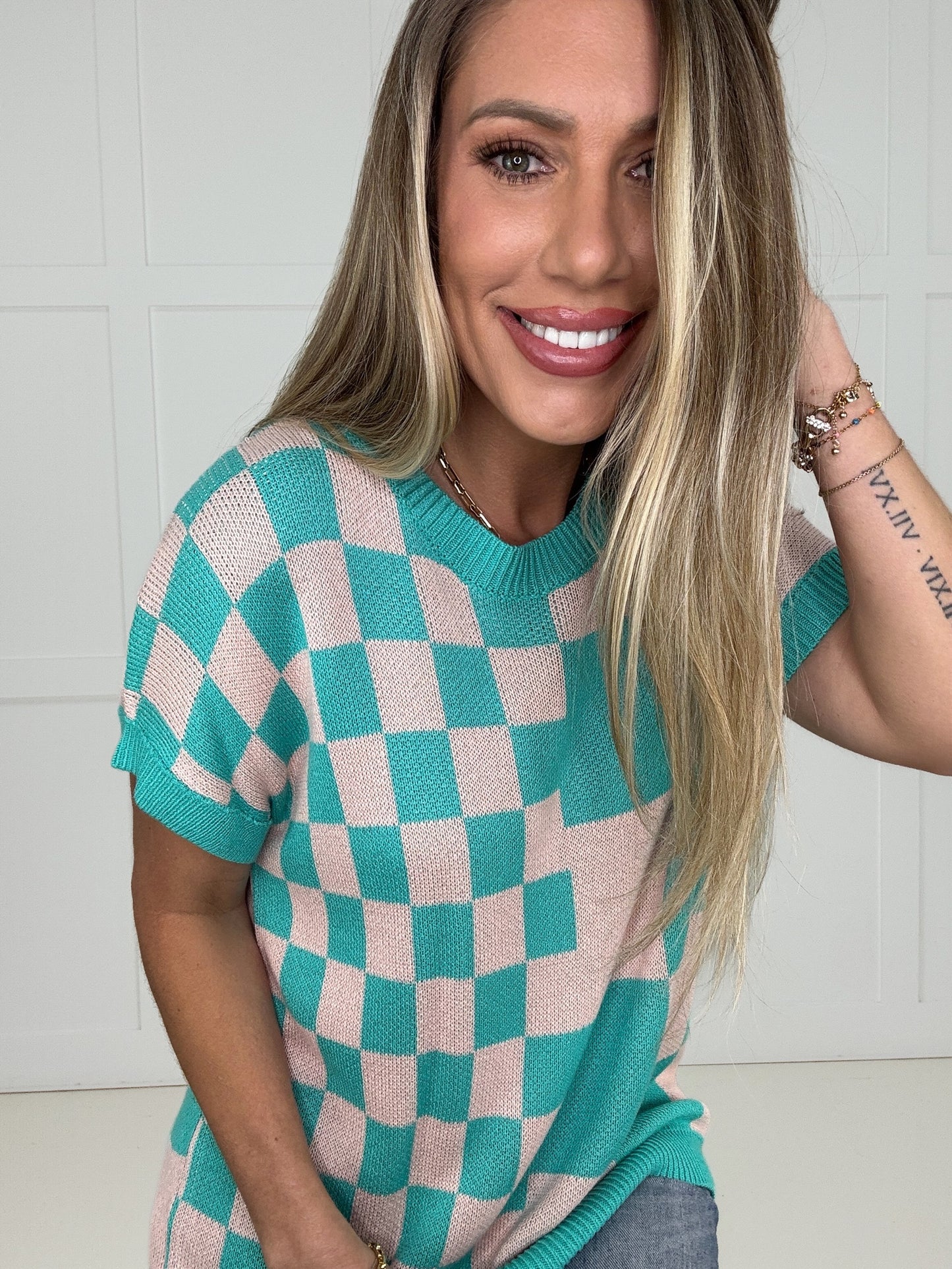 Aqua Checkmate Knit Top-100 Short Sleeves- Simply Simpson's Boutique is a Women's Online Fashion Boutique Located in Jupiter, Florida