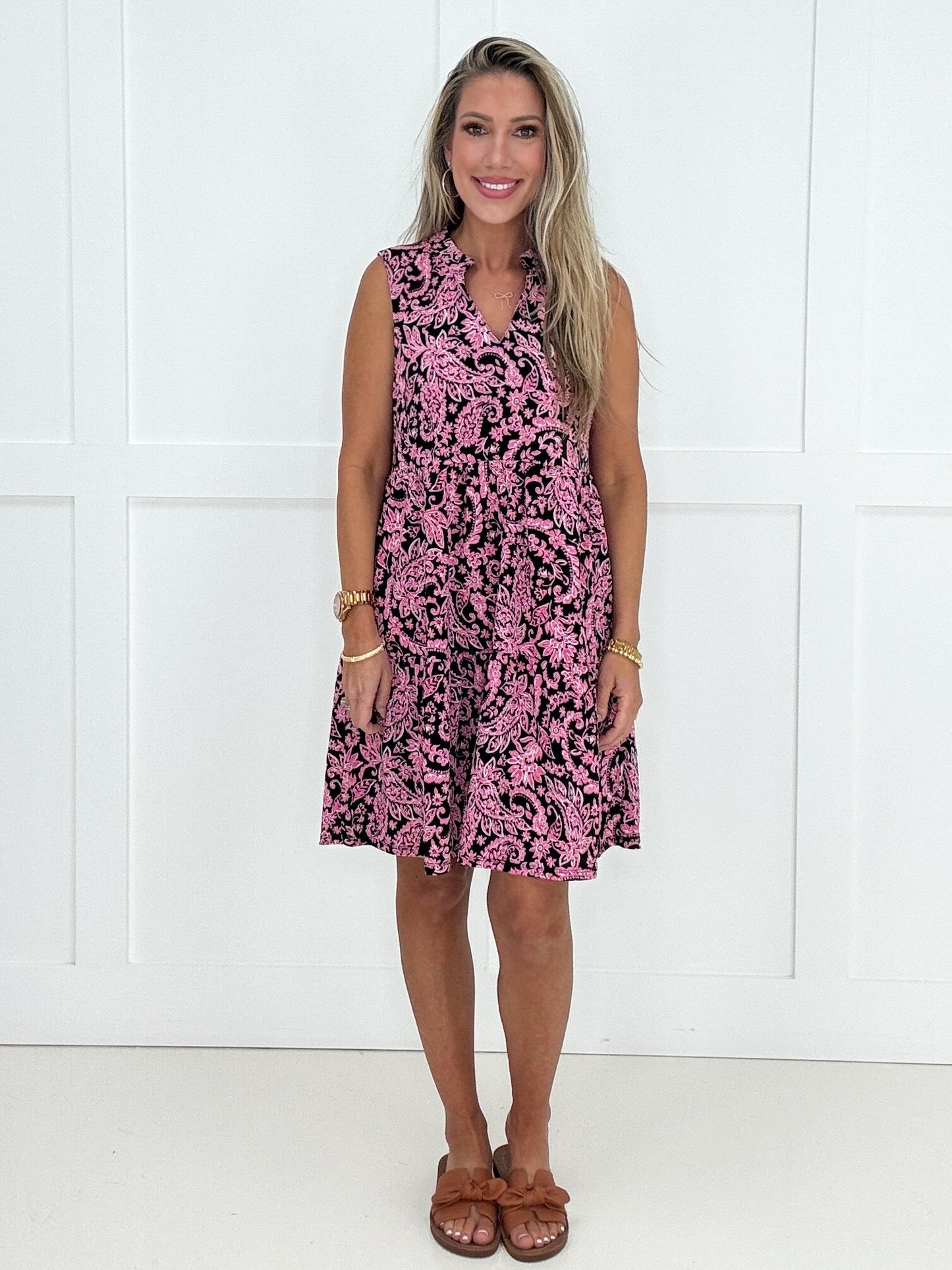 Dear Scarlett Black & Pink Paisley Tiered Dress-240 Dresses- Simply Simpson's Boutique is a Women's Online Fashion Boutique Located in Jupiter, Florida