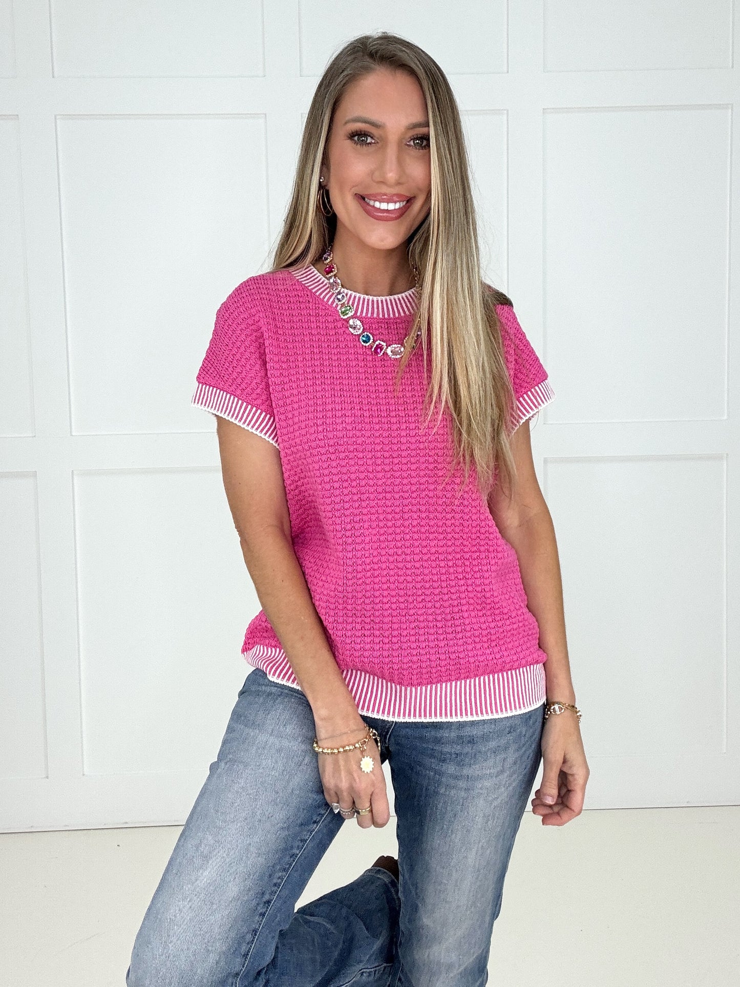 Pink Bright Side Knit Top-100 Short Sleeves- Simply Simpson's Boutique is a Women's Online Fashion Boutique Located in Jupiter, Florida