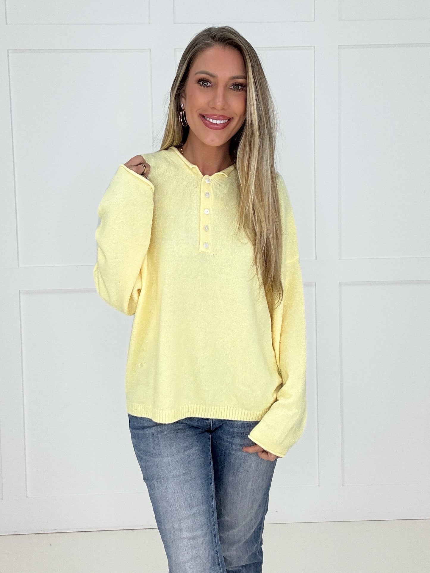 Yellow Sutton Henley Sweater-110 Long Sleeves- Simply Simpson's Boutique is a Women's Online Fashion Boutique Located in Jupiter, Florida