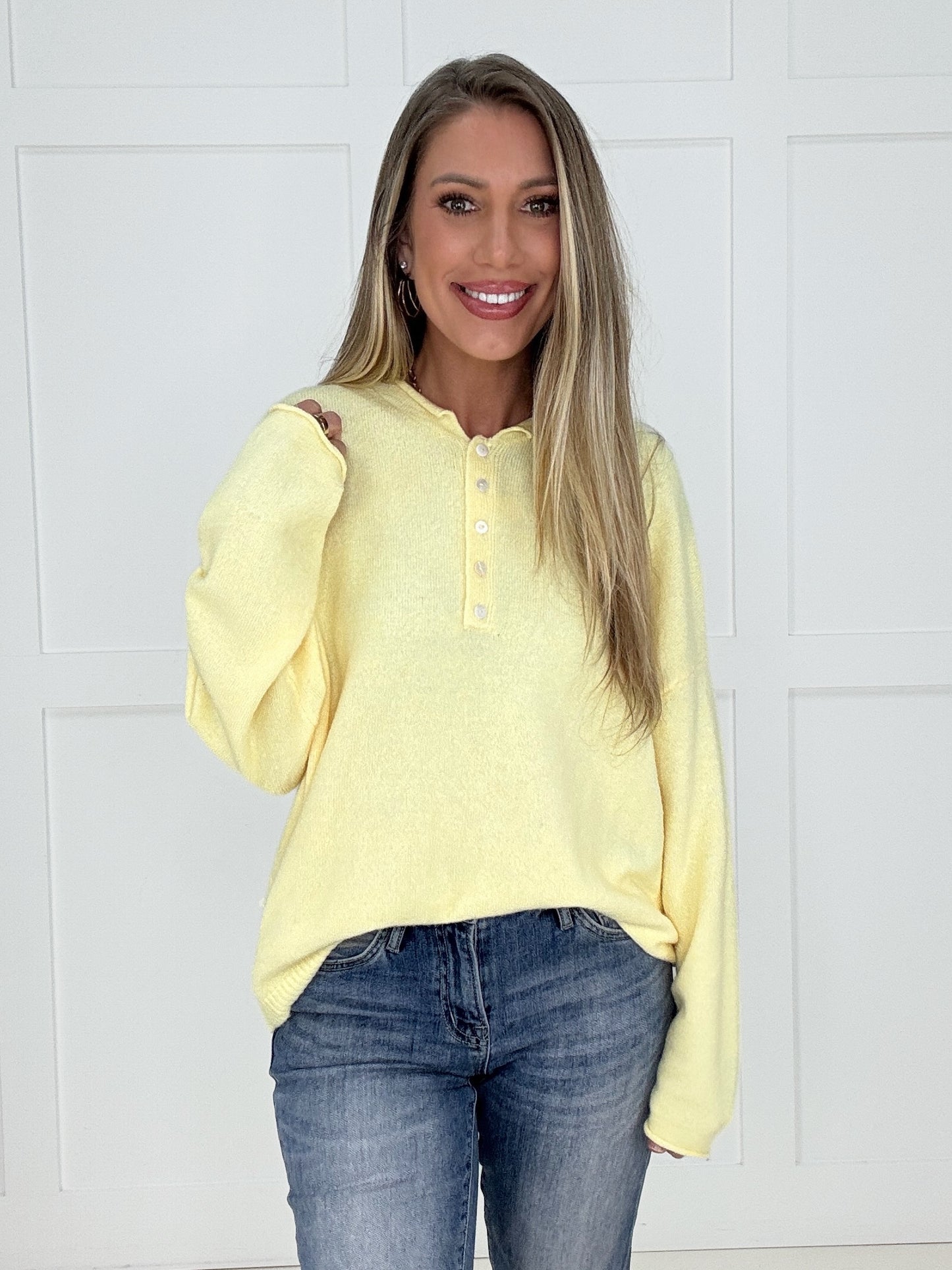 Yellow Sutton Henley Sweater-110 Long Sleeves- Simply Simpson's Boutique is a Women's Online Fashion Boutique Located in Jupiter, Florida