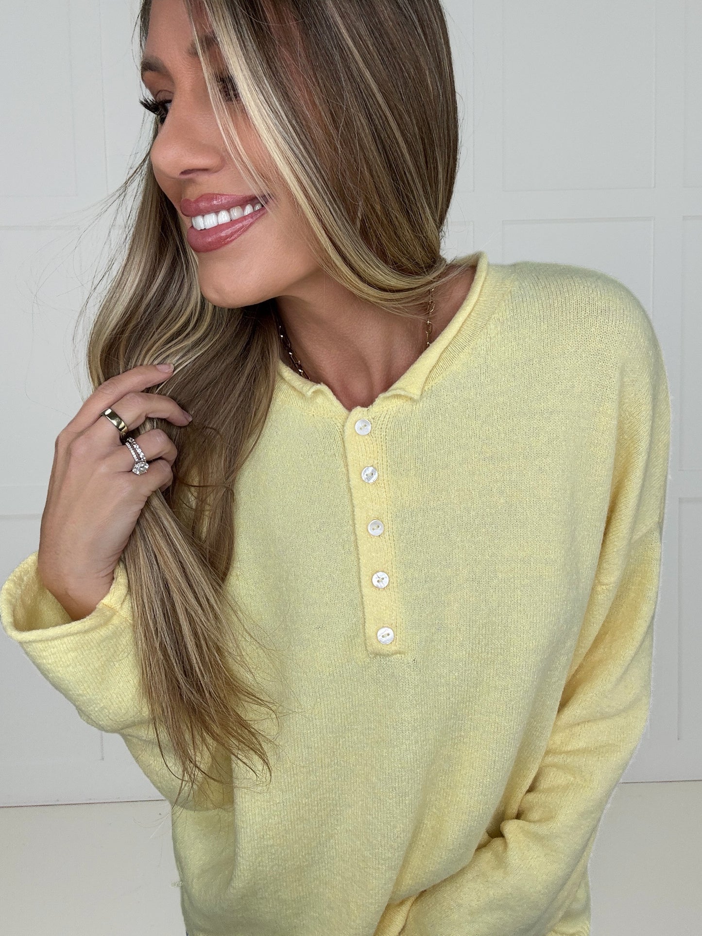 Yellow Sutton Henley Sweater-110 Long Sleeves- Simply Simpson's Boutique is a Women's Online Fashion Boutique Located in Jupiter, Florida