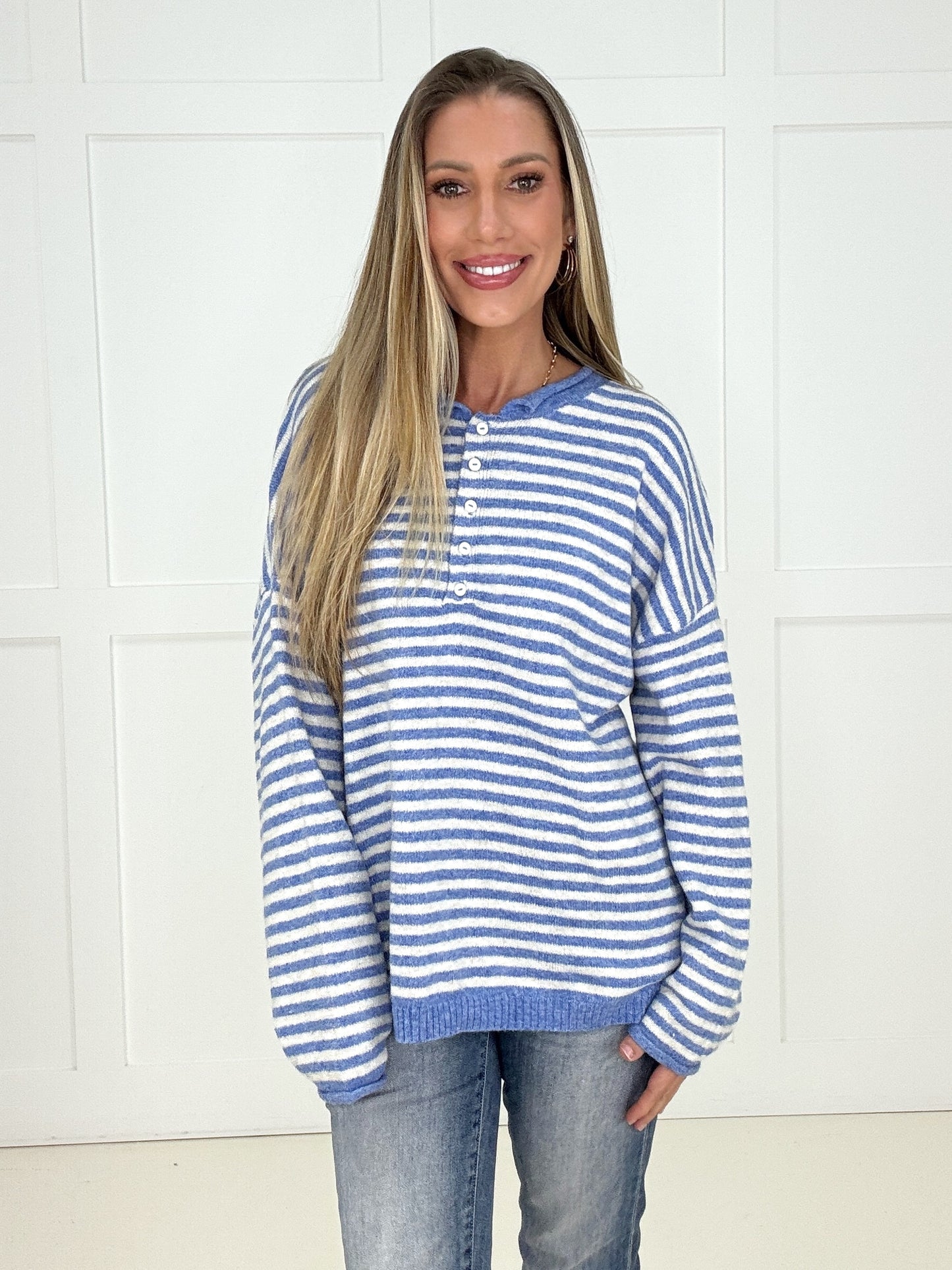 Blue/White Sutton Henley Sweater-110 Long Sleeves- Simply Simpson's Boutique is a Women's Online Fashion Boutique Located in Jupiter, Florida