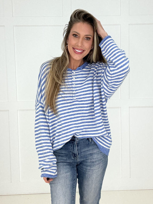 Blue/White Sutton Henley Sweater-110 Long Sleeves- Simply Simpson's Boutique is a Women's Online Fashion Boutique Located in Jupiter, Florida