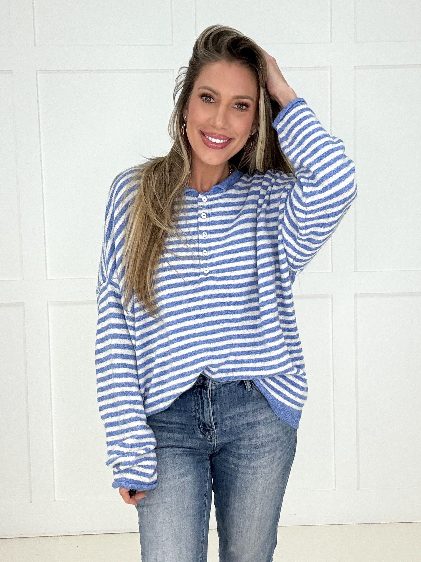 Blue/White Sutton Henley Sweater-110 Long Sleeves- Simply Simpson's Boutique is a Women's Online Fashion Boutique Located in Jupiter, Florida