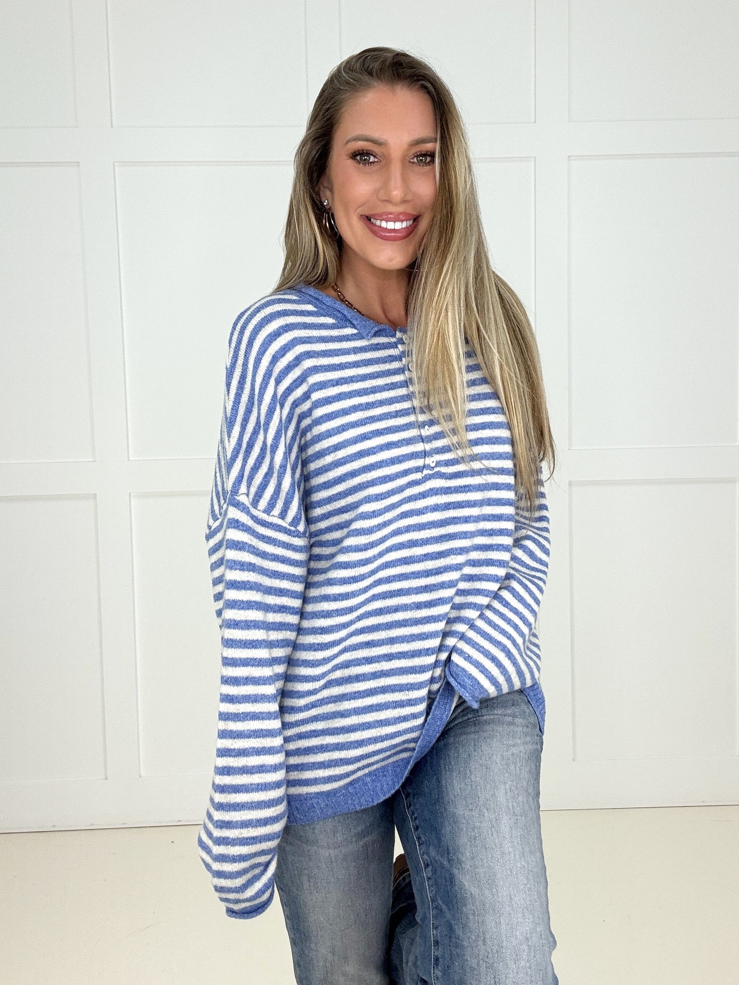 Blue/White Sutton Henley Sweater-110 Long Sleeves- Simply Simpson's Boutique is a Women's Online Fashion Boutique Located in Jupiter, Florida
