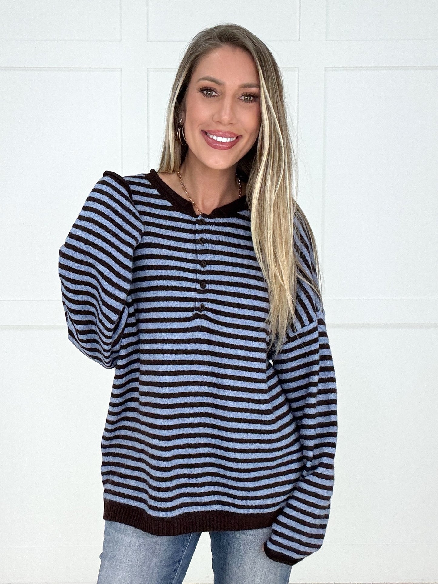 Blue/Brown Sutton Henley Sweater-110 Long Sleeves- Simply Simpson's Boutique is a Women's Online Fashion Boutique Located in Jupiter, Florida