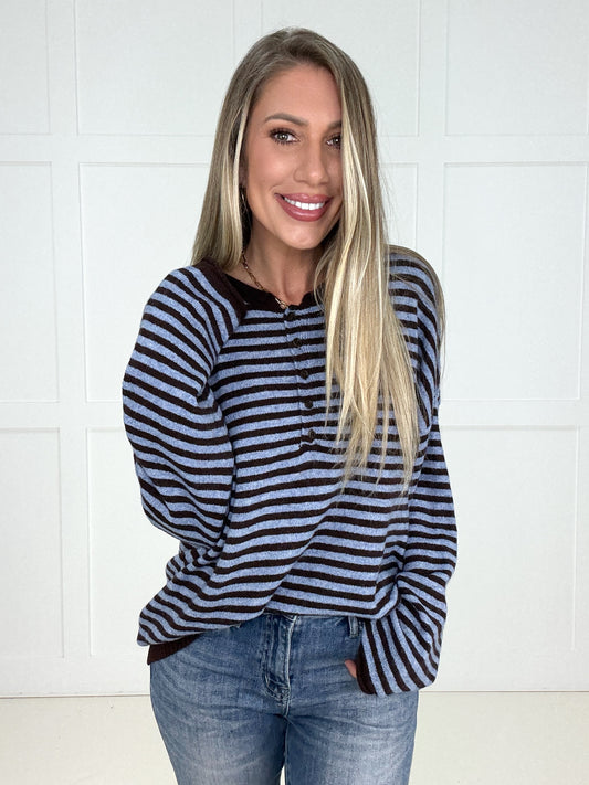 Blue/Brown Sutton Henley Sweater-110 Long Sleeves- Simply Simpson's Boutique is a Women's Online Fashion Boutique Located in Jupiter, Florida