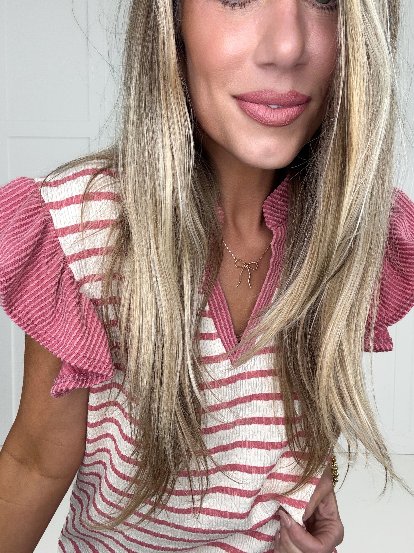 Rose Sweet Stripe Ruffle Sleeve Top-100 Short Sleeves- Simply Simpson's Boutique is a Women's Online Fashion Boutique Located in Jupiter, Florida