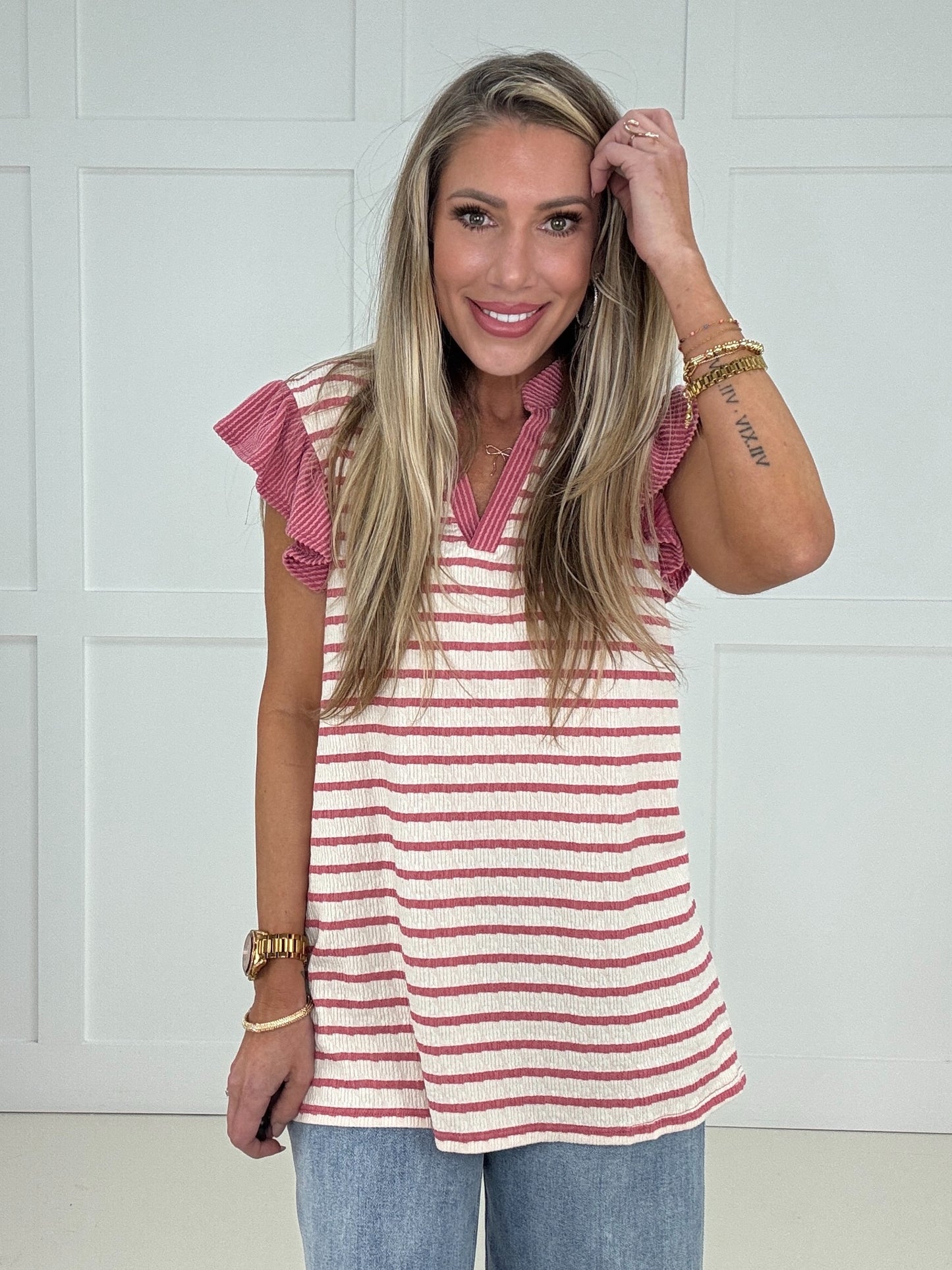 Rose Sweet Stripe Ruffle Sleeve Top-100 Short Sleeves- Simply Simpson's Boutique is a Women's Online Fashion Boutique Located in Jupiter, Florida