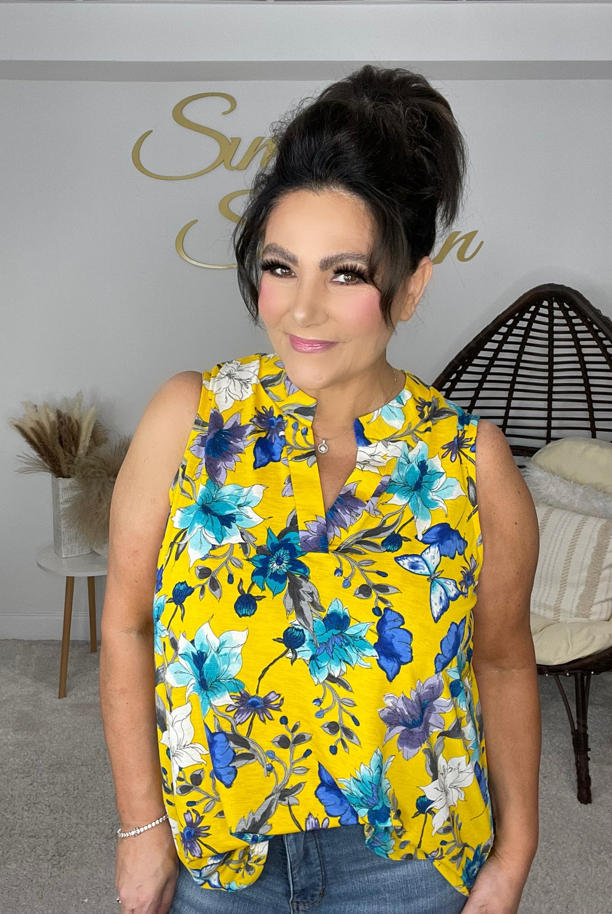 Dear Scarlett Yellow Blue Floral Sleeveless Top-120 Sleeveless- Simply Simpson's Boutique is a Women's Online Fashion Boutique Located in Jupiter, Florida