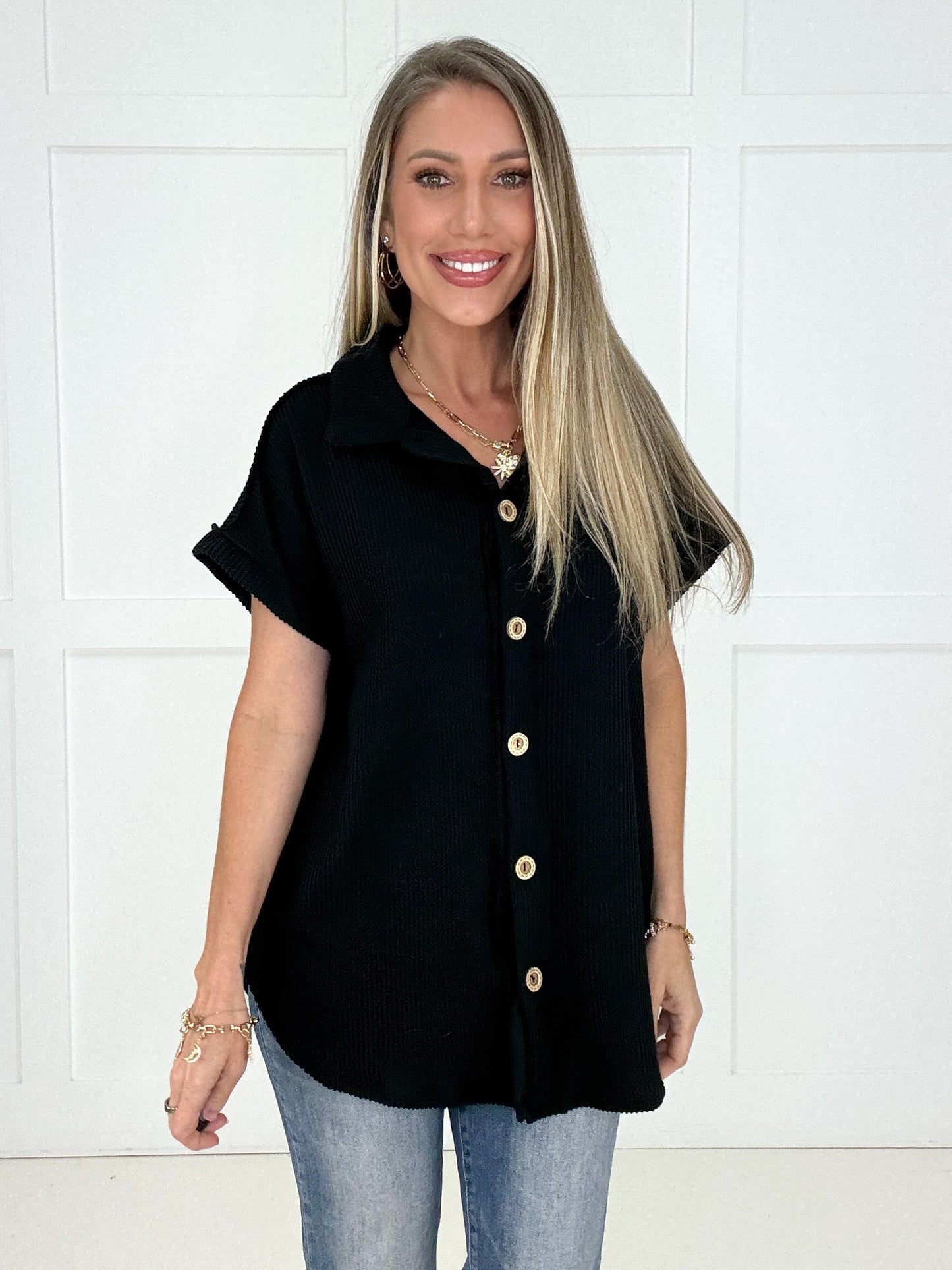 Black Casual Crush Ribbed Button Down-100 Short Sleeves- Simply Simpson's Boutique is a Women's Online Fashion Boutique Located in Jupiter, Florida